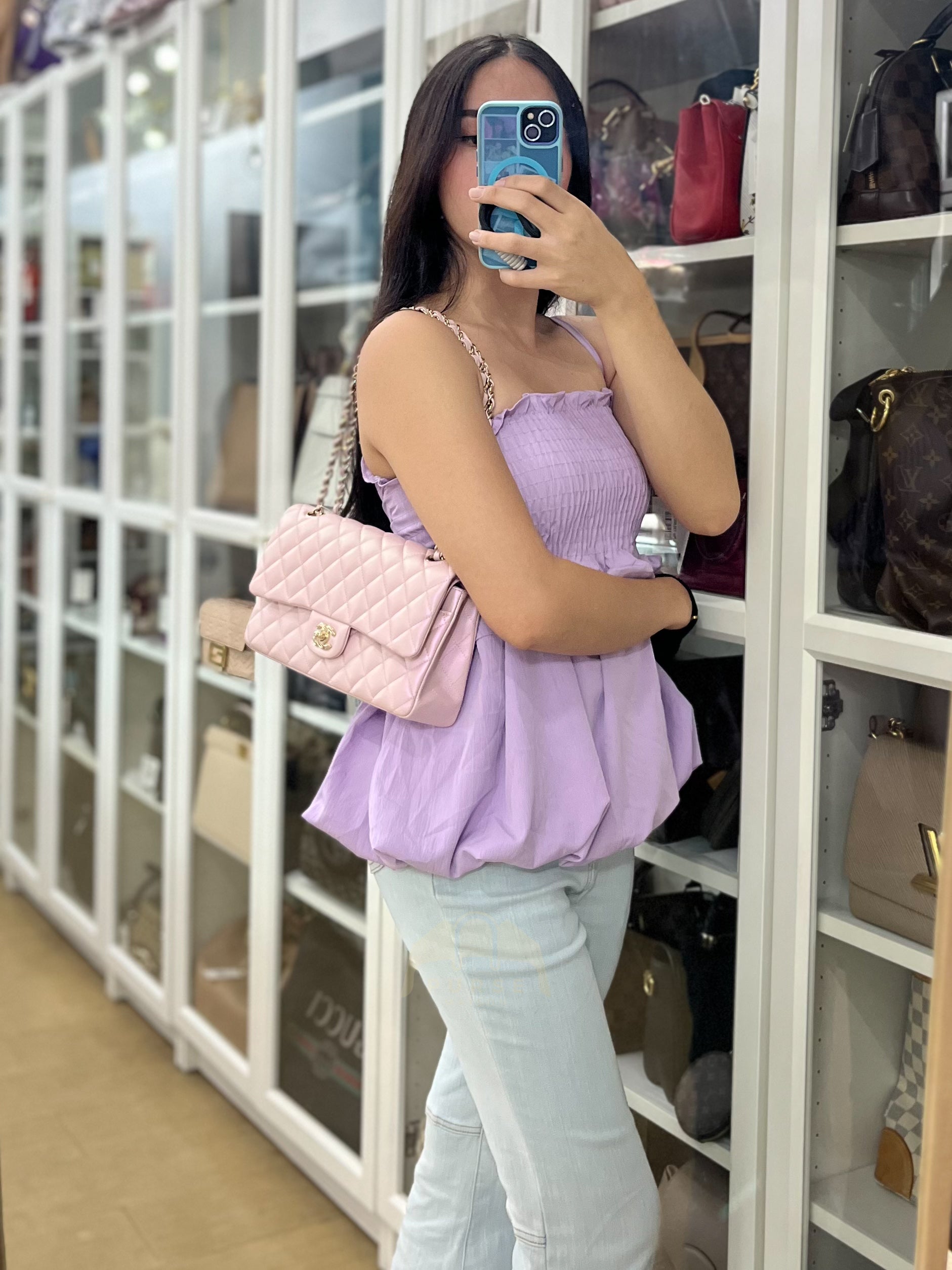 21S Classic Medium Double Flap in Rose Clair Iridescent Lambskin Leather and Light Gold Hardware Series 31 | Purse Maison Luxury Bags Shop