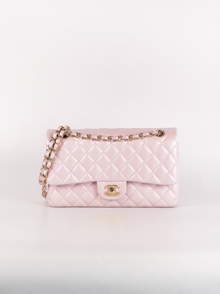 21S Classic Medium Double Flap in Rose Clair Iridescent Lambskin Leather and Light Gold Hardware Series 31 | Purse Maison Luxury Bags Shop