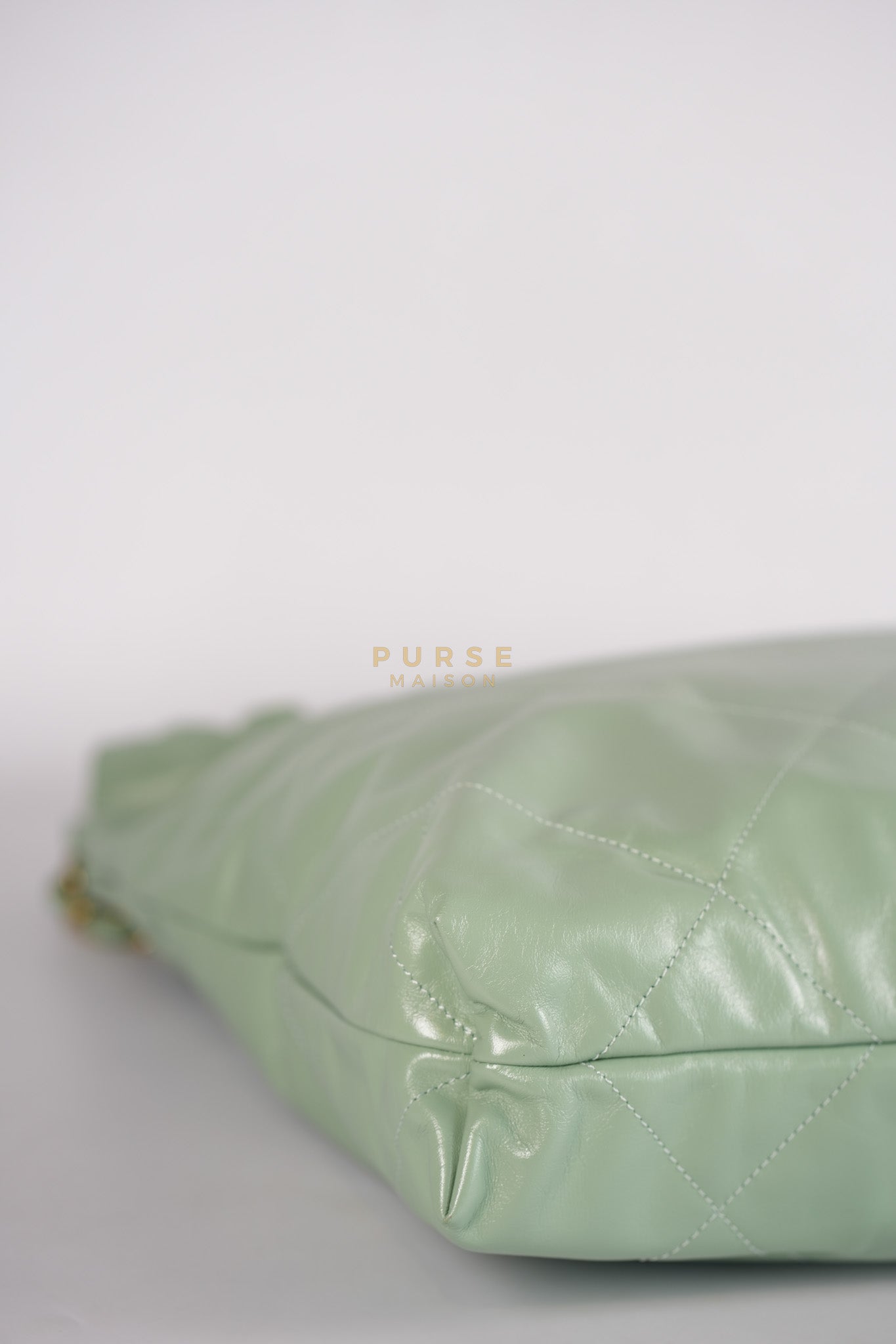 22 Medium in Light Green Shiny Calfskin Leather & Aged Gold Hardware (Microchip) | Purse Maison Luxury Bags Shop