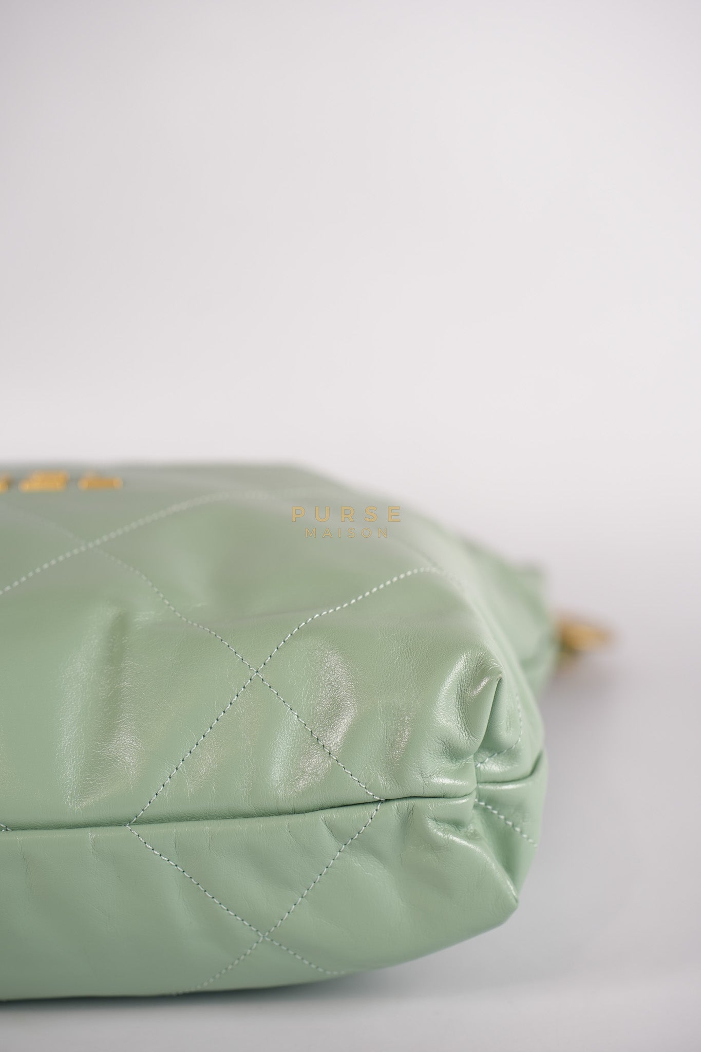 22 Medium in Light Green Shiny Calfskin Leather & Aged Gold Hardware (Microchip) | Purse Maison Luxury Bags Shop