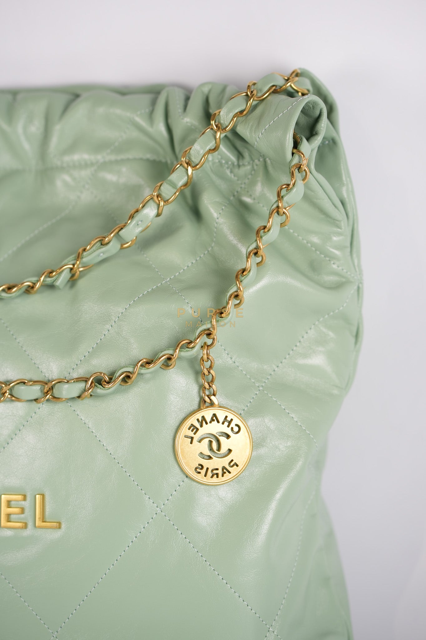 22 Medium in Light Green Shiny Calfskin Leather & Aged Gold Hardware (Microchip) | Purse Maison Luxury Bags Shop