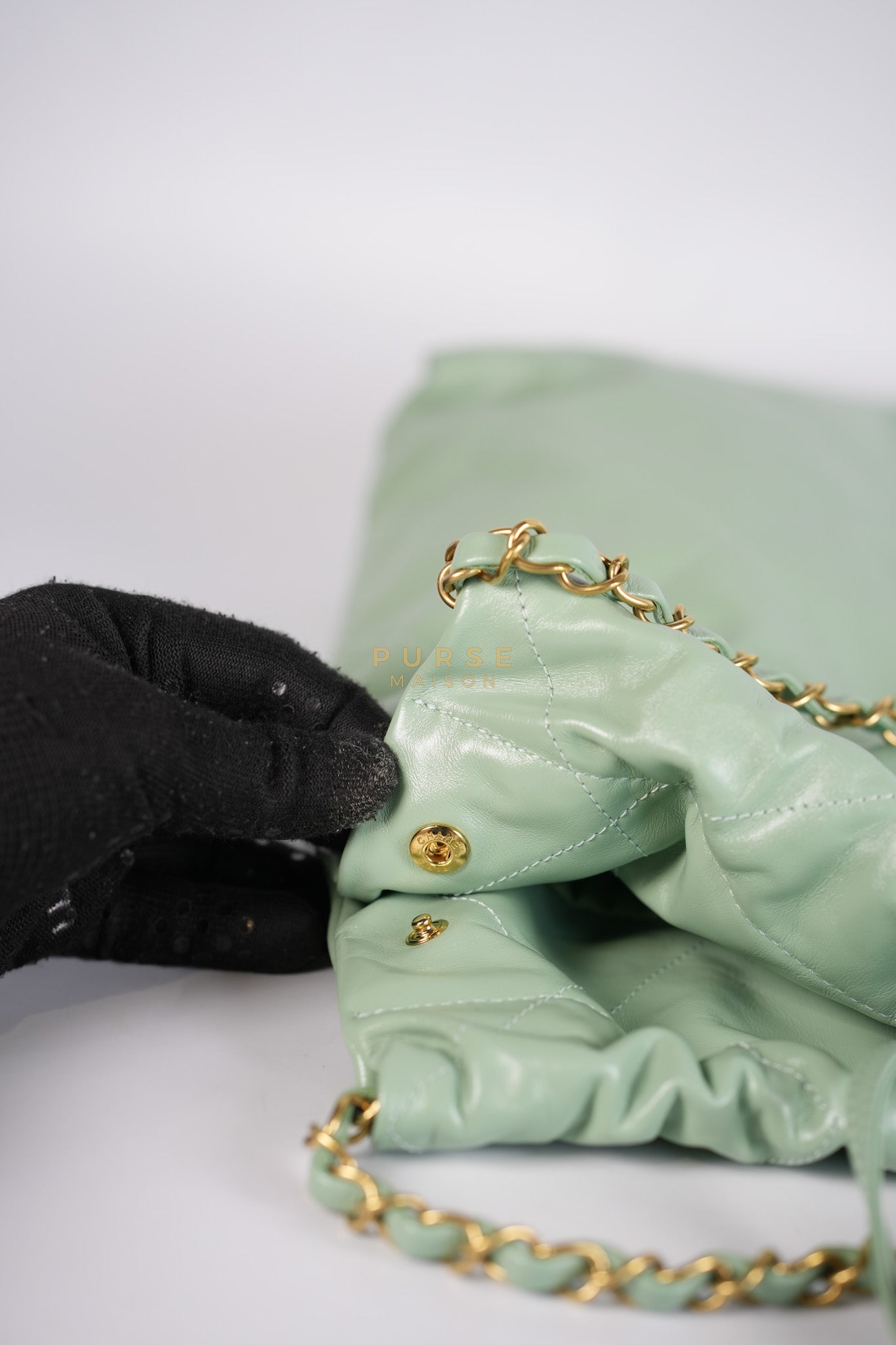 22 Medium in Light Green Shiny Calfskin Leather & Aged Gold Hardware (Microchip) | Purse Maison Luxury Bags Shop