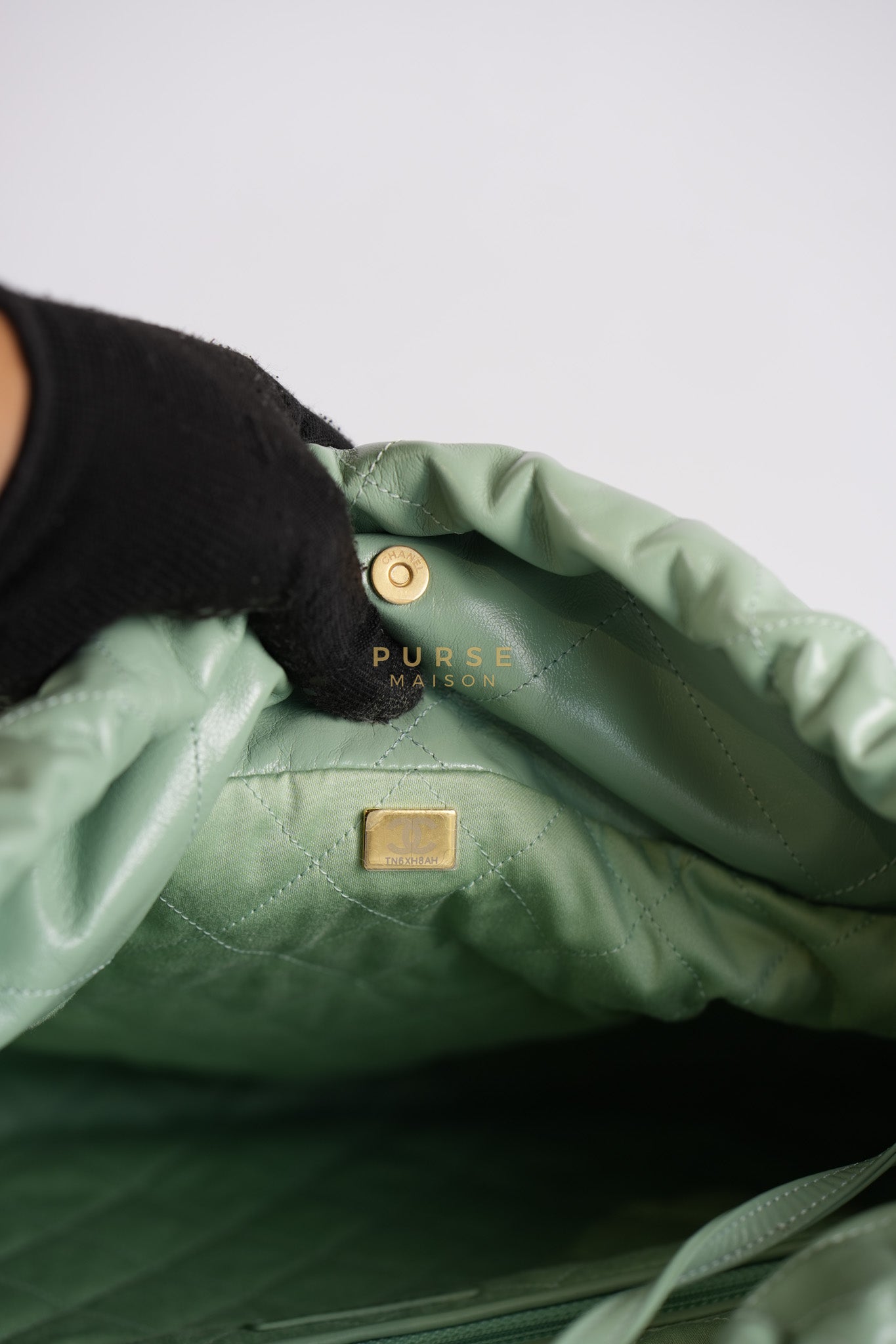 22 Medium in Light Green Shiny Calfskin Leather & Aged Gold Hardware (Microchip) | Purse Maison Luxury Bags Shop