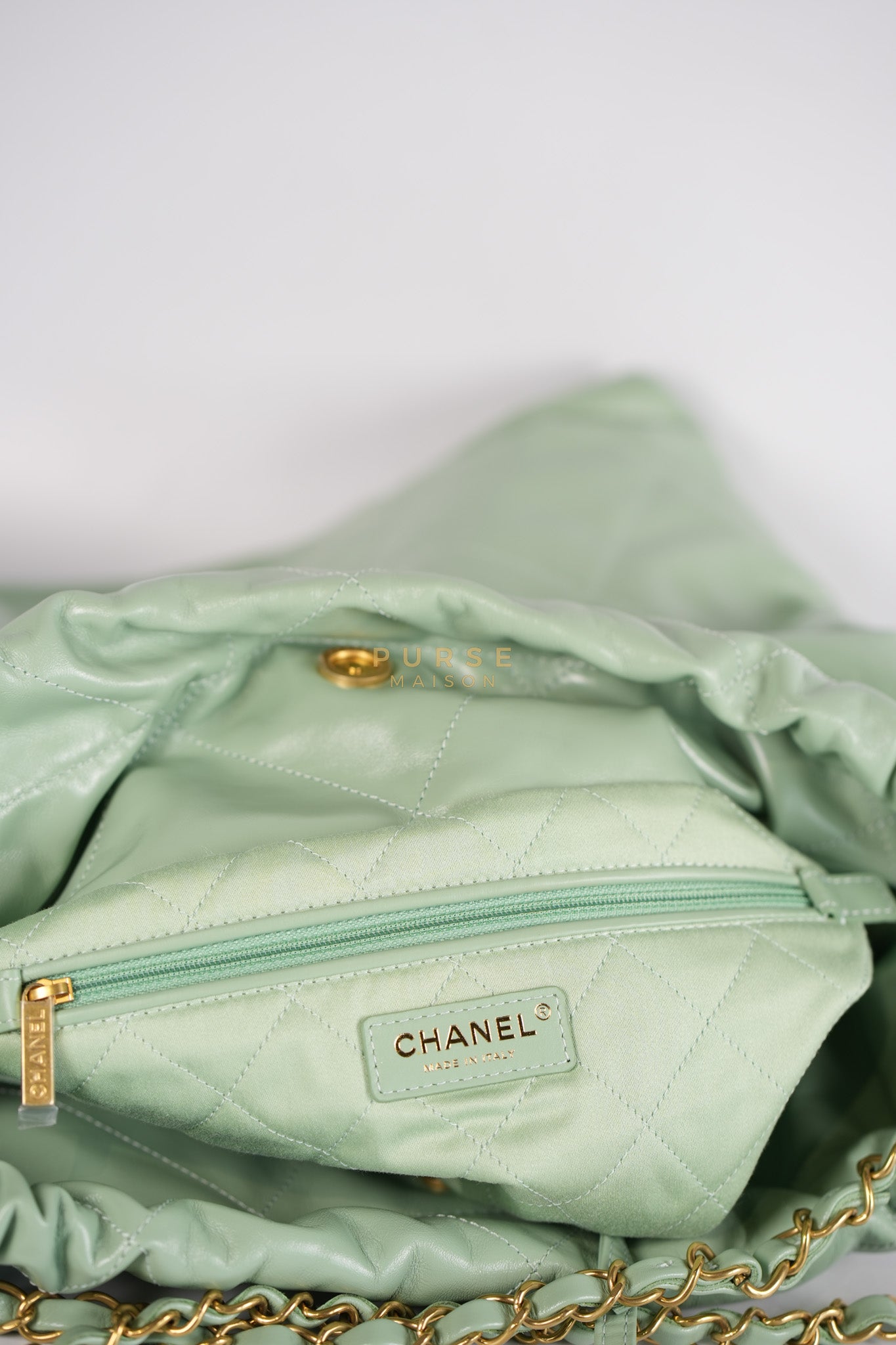 22 Medium in Light Green Shiny Calfskin Leather & Aged Gold Hardware (Microchip) | Purse Maison Luxury Bags Shop