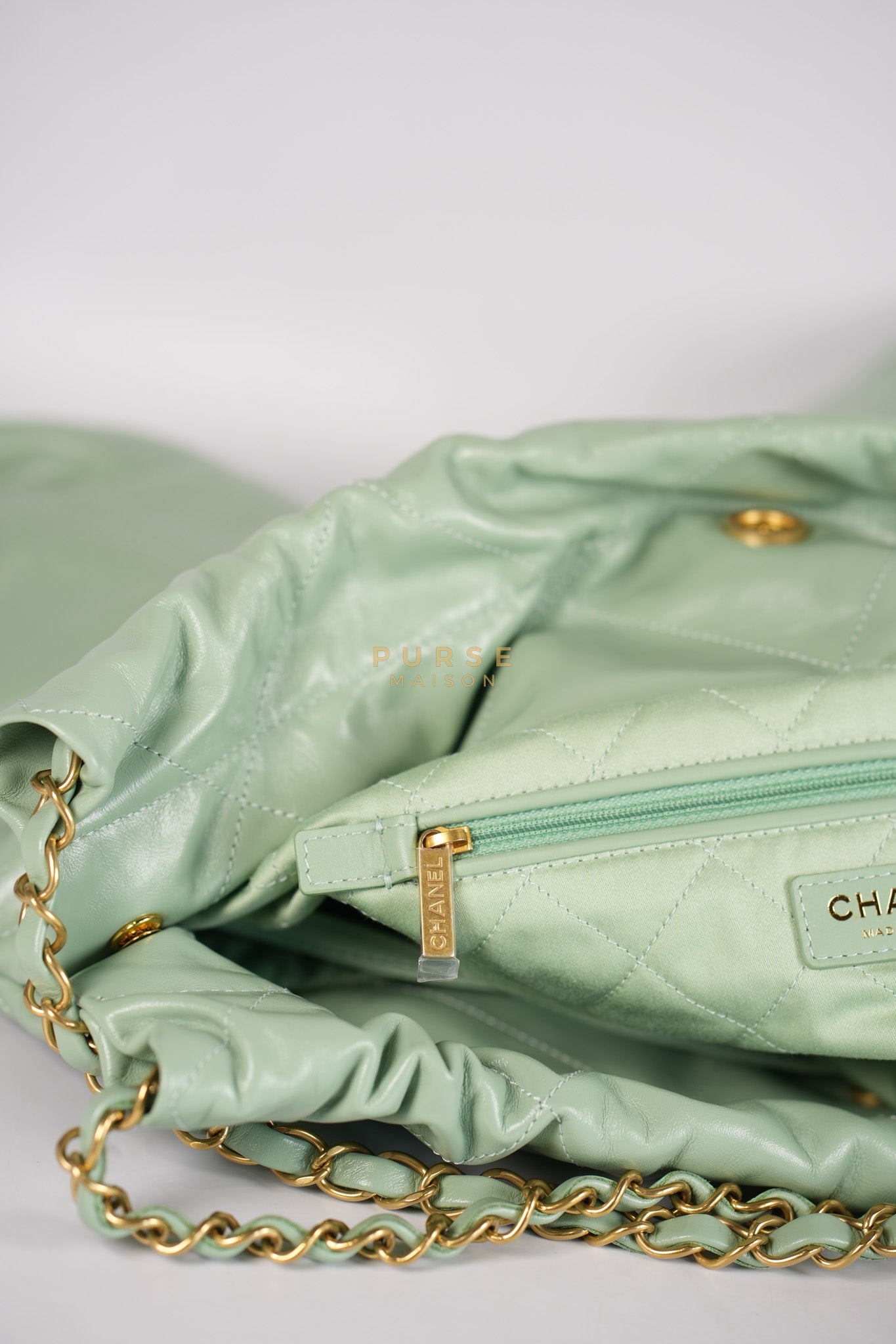 22 Medium in Light Green Shiny Calfskin Leather & Aged Gold Hardware (Microchip) | Purse Maison Luxury Bags Shop