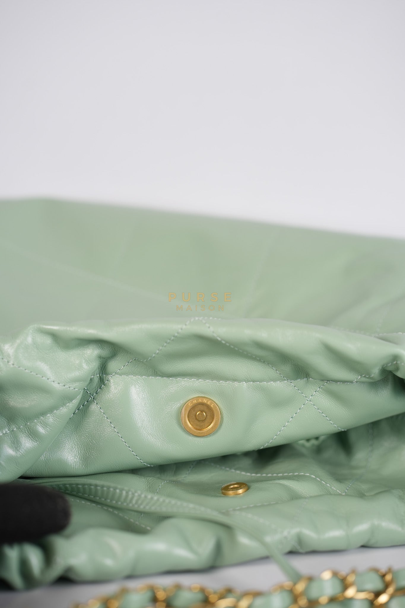 22 Medium in Light Green Shiny Calfskin Leather & Aged Gold Hardware (Microchip) | Purse Maison Luxury Bags Shop