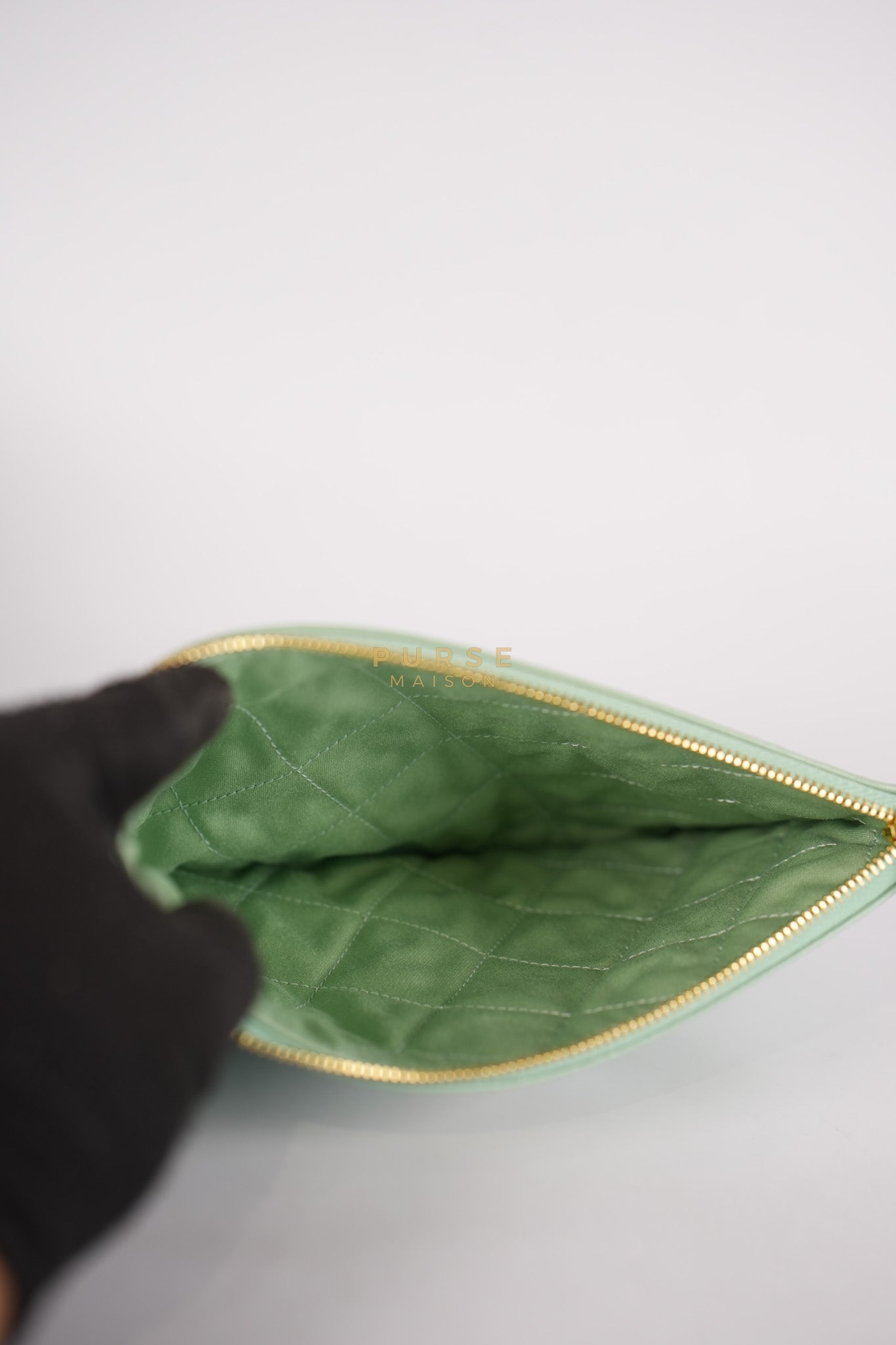 22 Medium in Light Green Shiny Calfskin Leather & Aged Gold Hardware (Microchip) | Purse Maison Luxury Bags Shop