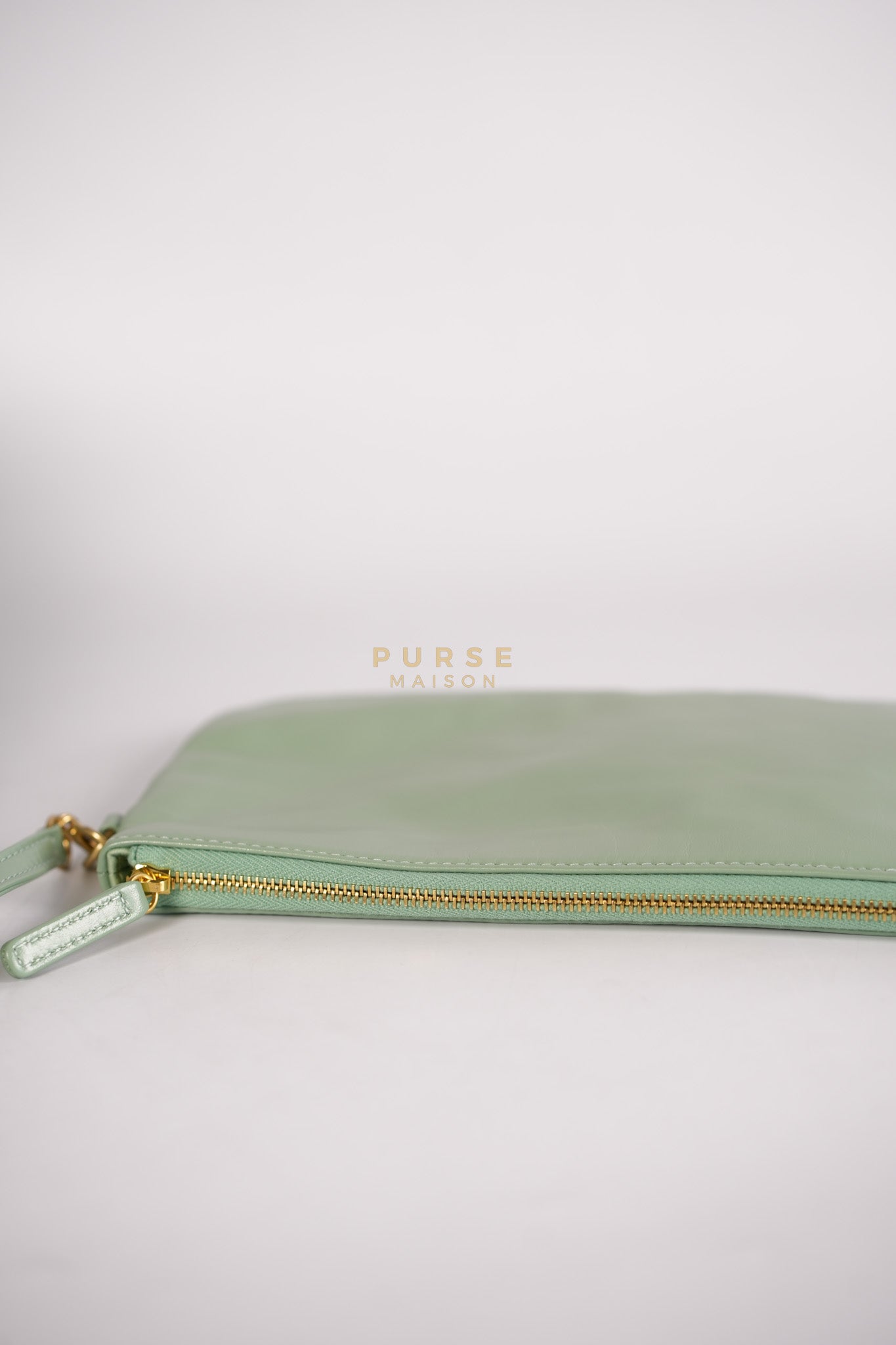 22 Medium in Light Green Shiny Calfskin Leather & Aged Gold Hardware (Microchip) | Purse Maison Luxury Bags Shop