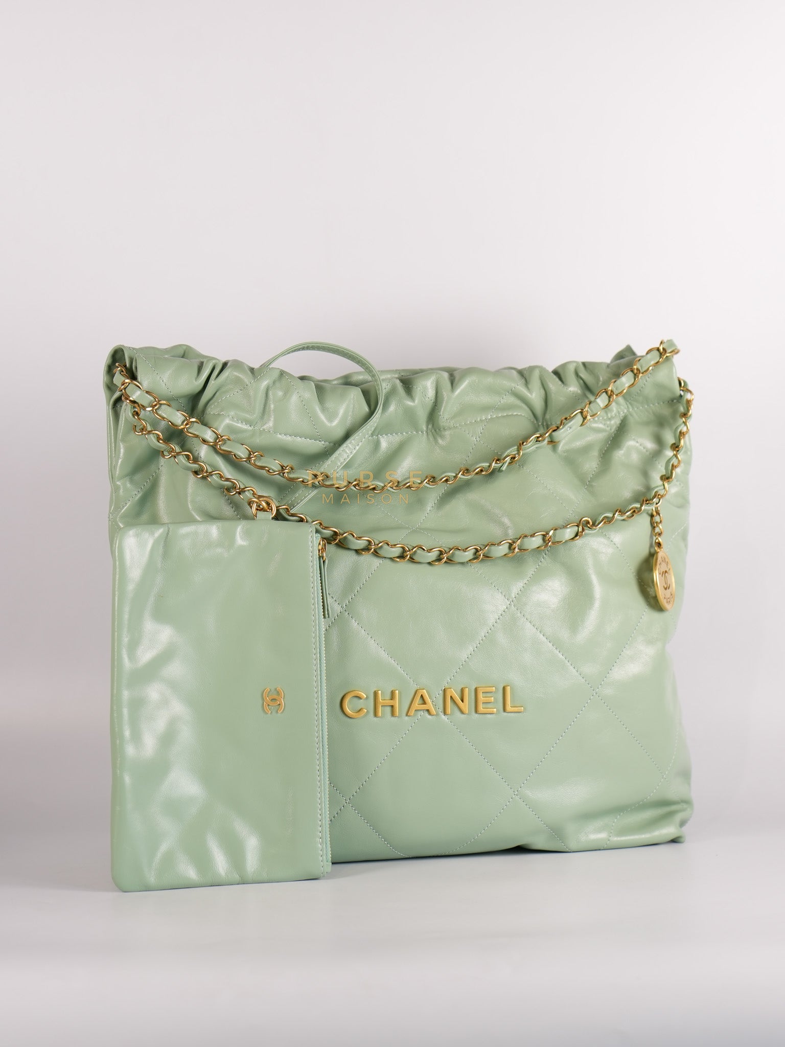 22 Medium in Light Green Shiny Calfskin Leather & Aged Gold Hardware (Microchip) | Purse Maison Luxury Bags Shop