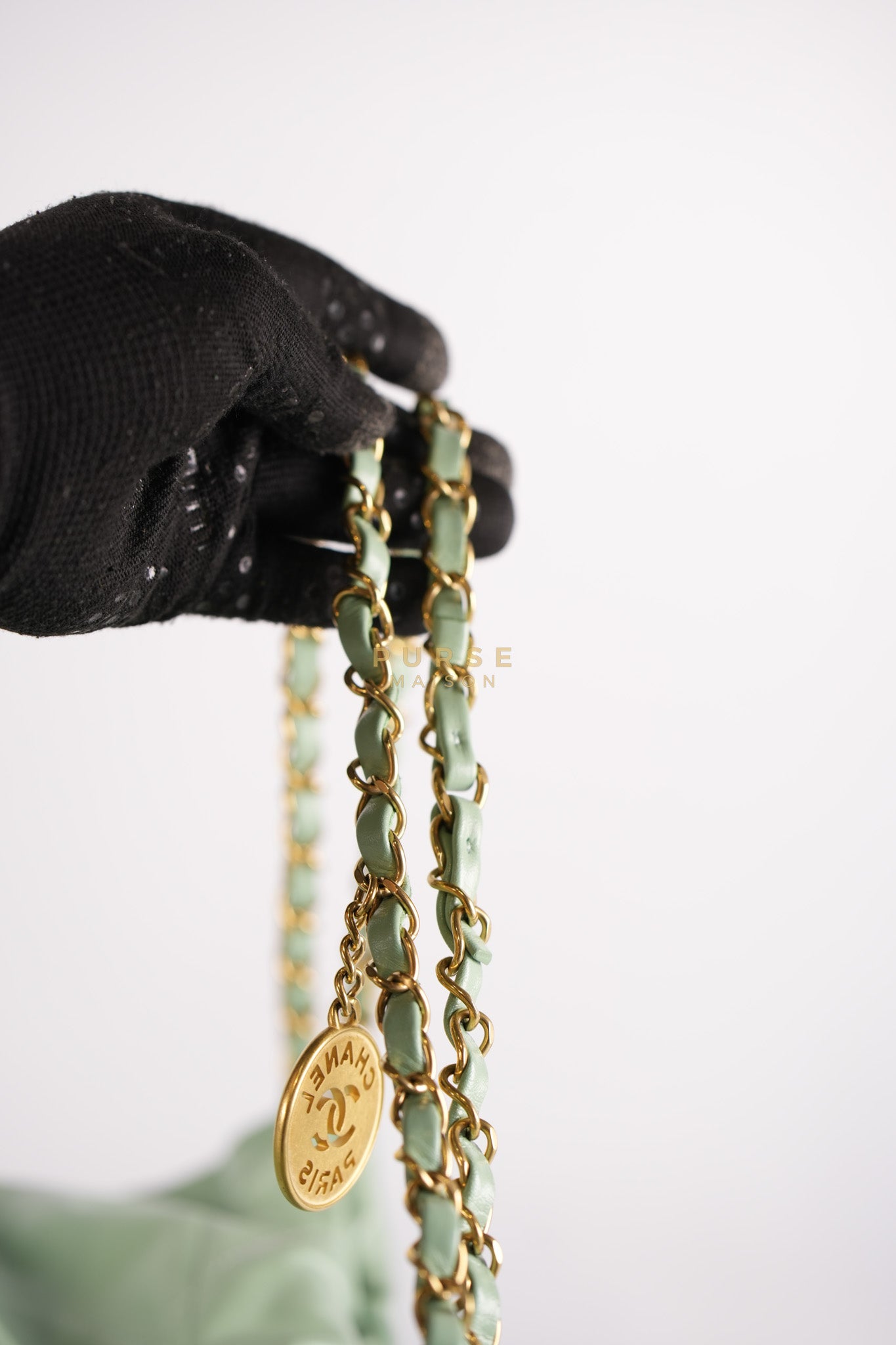 22 Medium in Light Green Shiny Calfskin Leather & Aged Gold Hardware (Microchip) | Purse Maison Luxury Bags Shop