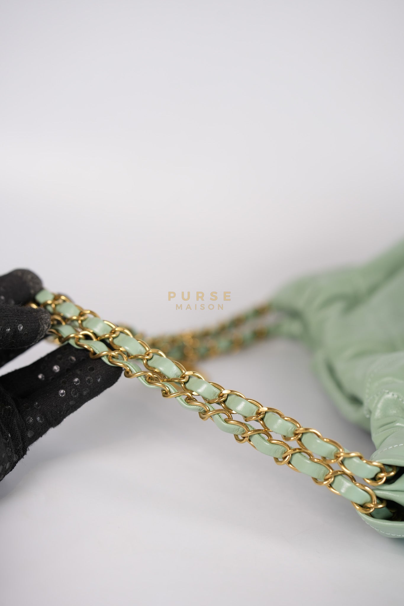 22 Medium in Light Green Shiny Calfskin Leather & Aged Gold Hardware (Microchip) | Purse Maison Luxury Bags Shop