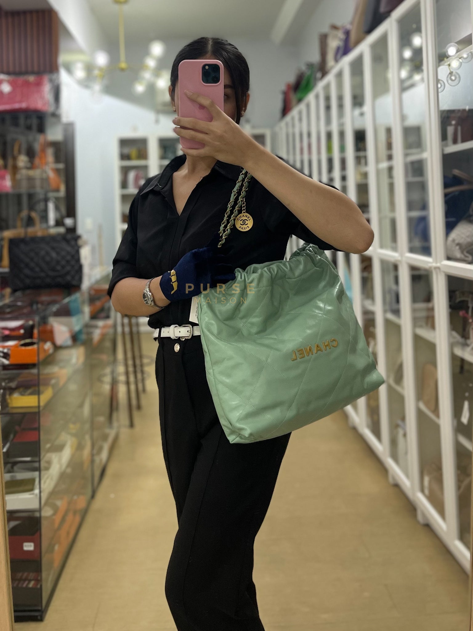 22 Medium in Light Green Shiny Calfskin Leather & Aged Gold Hardware (Microchip) | Purse Maison Luxury Bags Shop