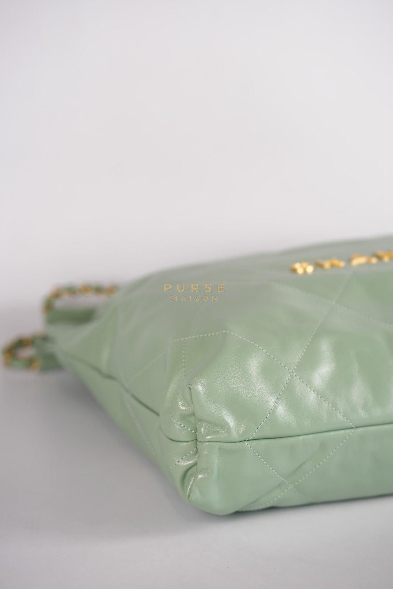 22 Medium in Light Green Shiny Calfskin Leather & Aged Gold Hardware (Microchip) | Purse Maison Luxury Bags Shop