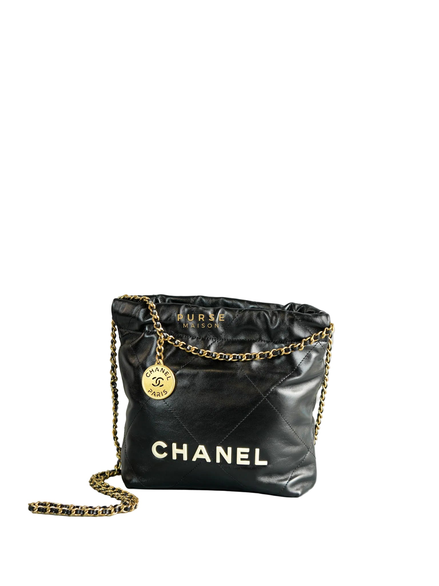 Mini 22 Black Leather Handbag in Gold Hardware (Microchip) | Purse Maison Luxury Bags Shop