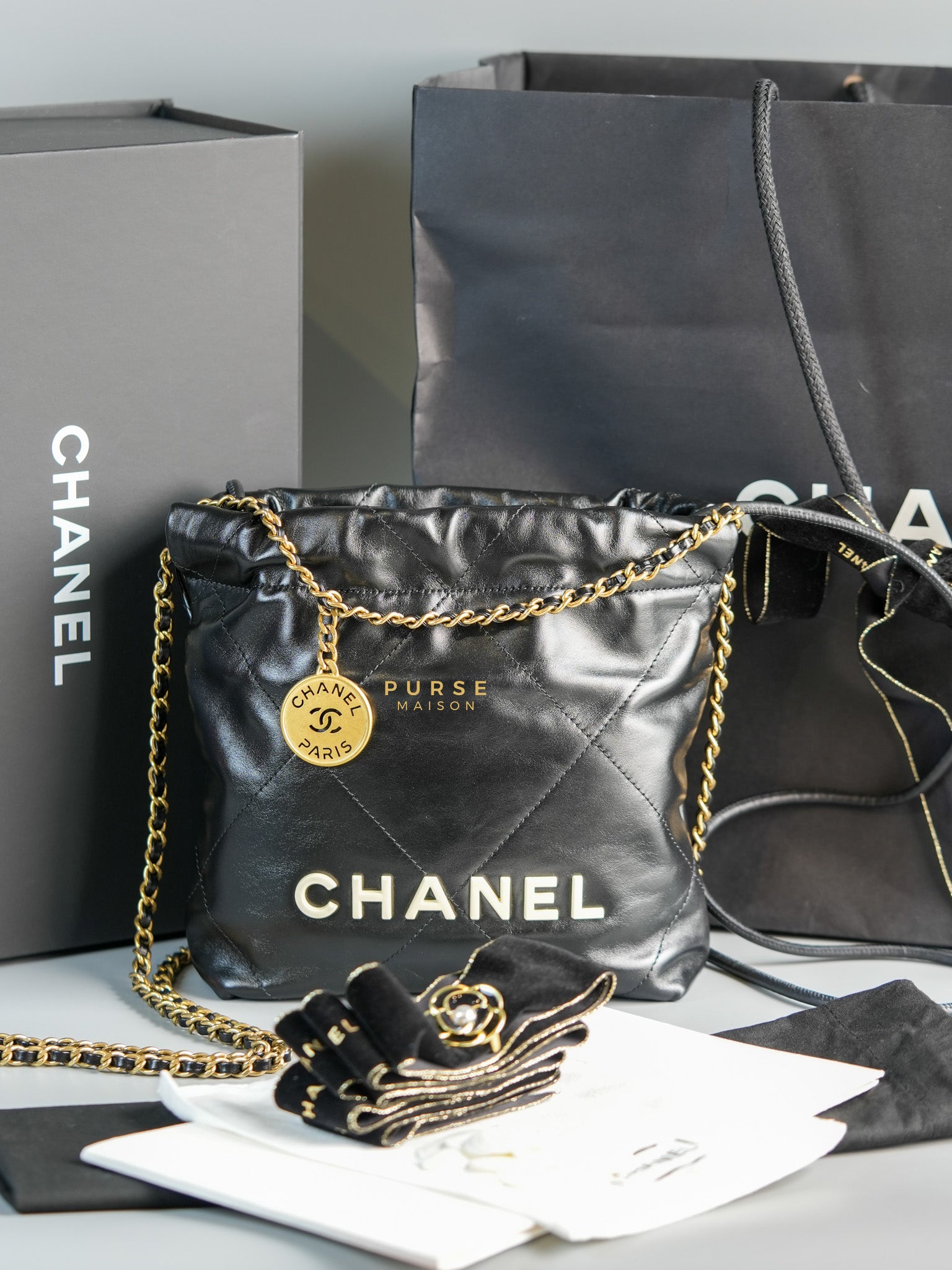 Mini 22 Black Leather Handbag in Gold Hardware (Microchip) | Purse Maison Luxury Bags Shop