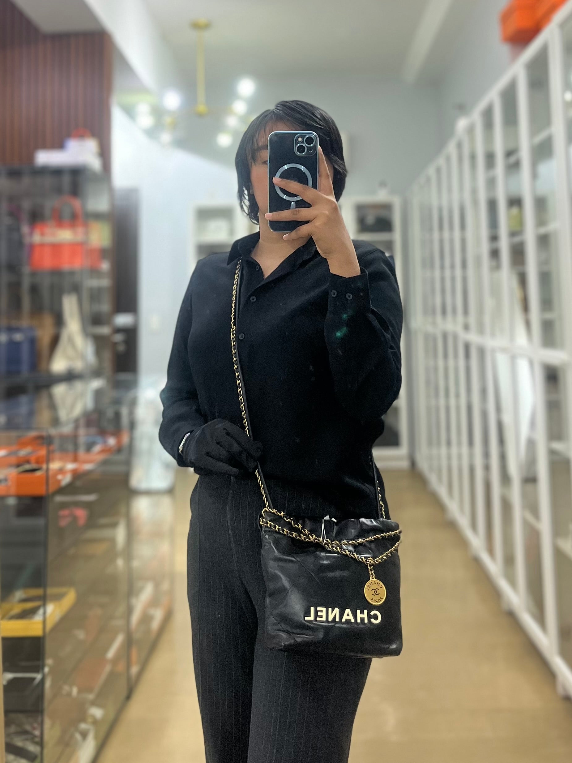 22 Mini Black Calfskin Leather in Aged Gold Hardware (Microchip) | Purse Maison Luxury Bags Shop