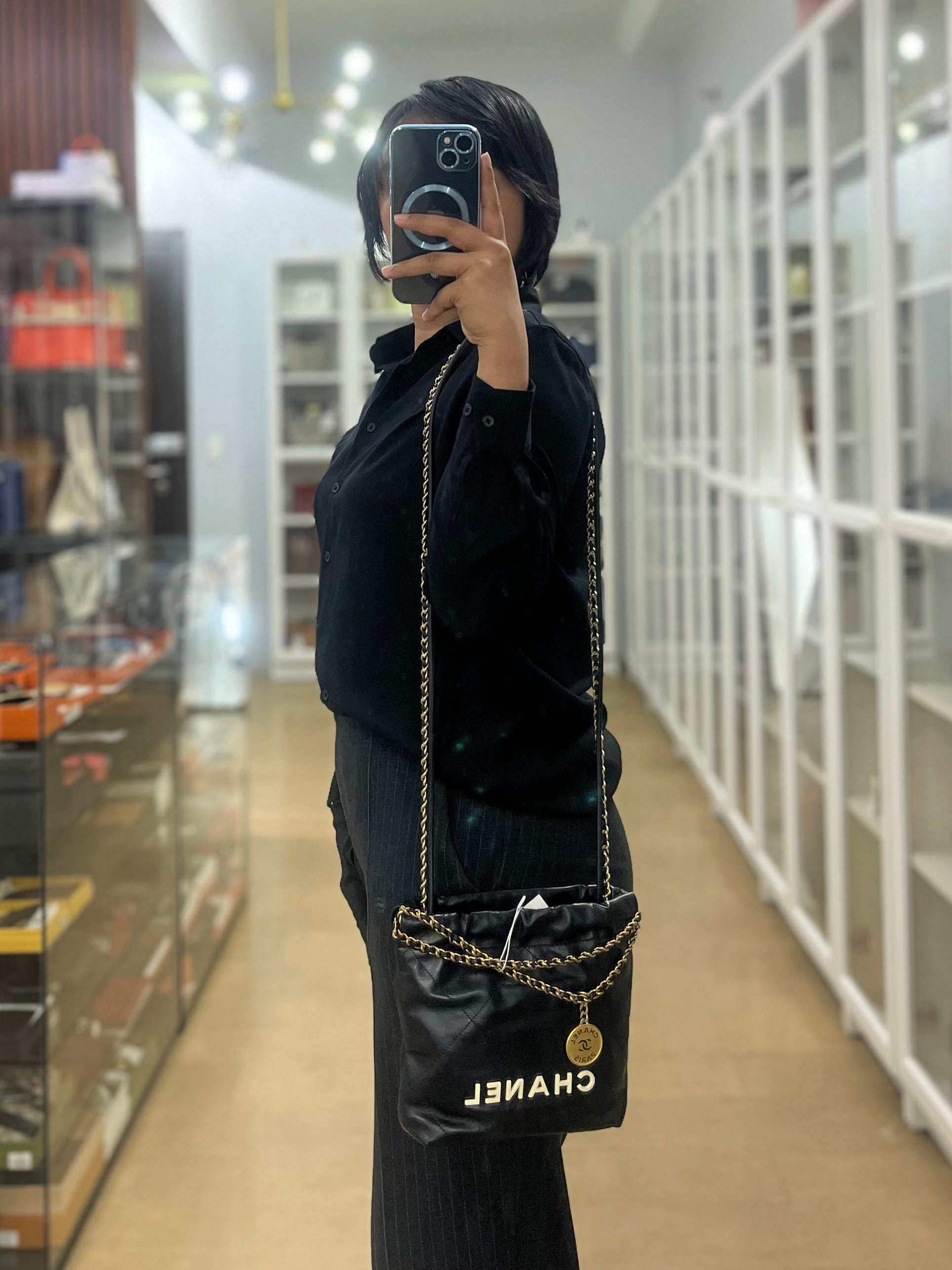 22 Mini Black Calfskin Leather in Aged Gold Hardware (Microchip) | Purse Maison Luxury Bags Shop