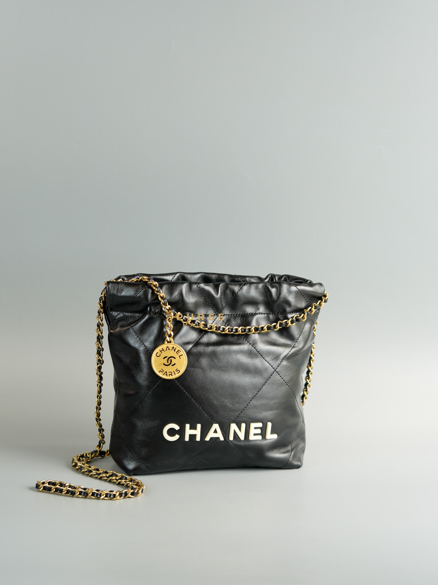 Mini 22 Black Leather Handbag in Gold Hardware (Microchip) | Purse Maison Luxury Bags Shop