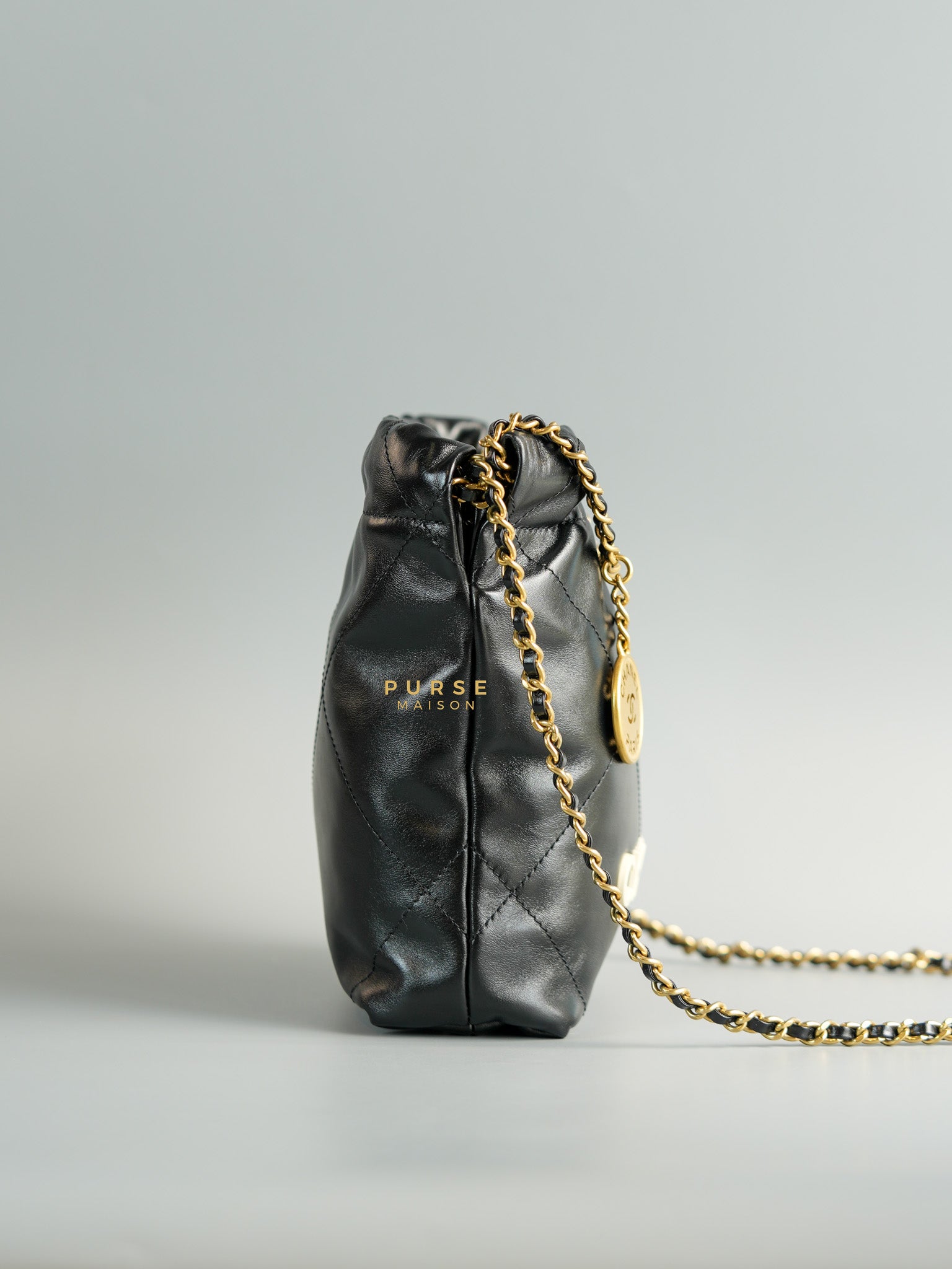 Mini 22 Black Leather Handbag in Gold Hardware (Microchip) | Purse Maison Luxury Bags Shop