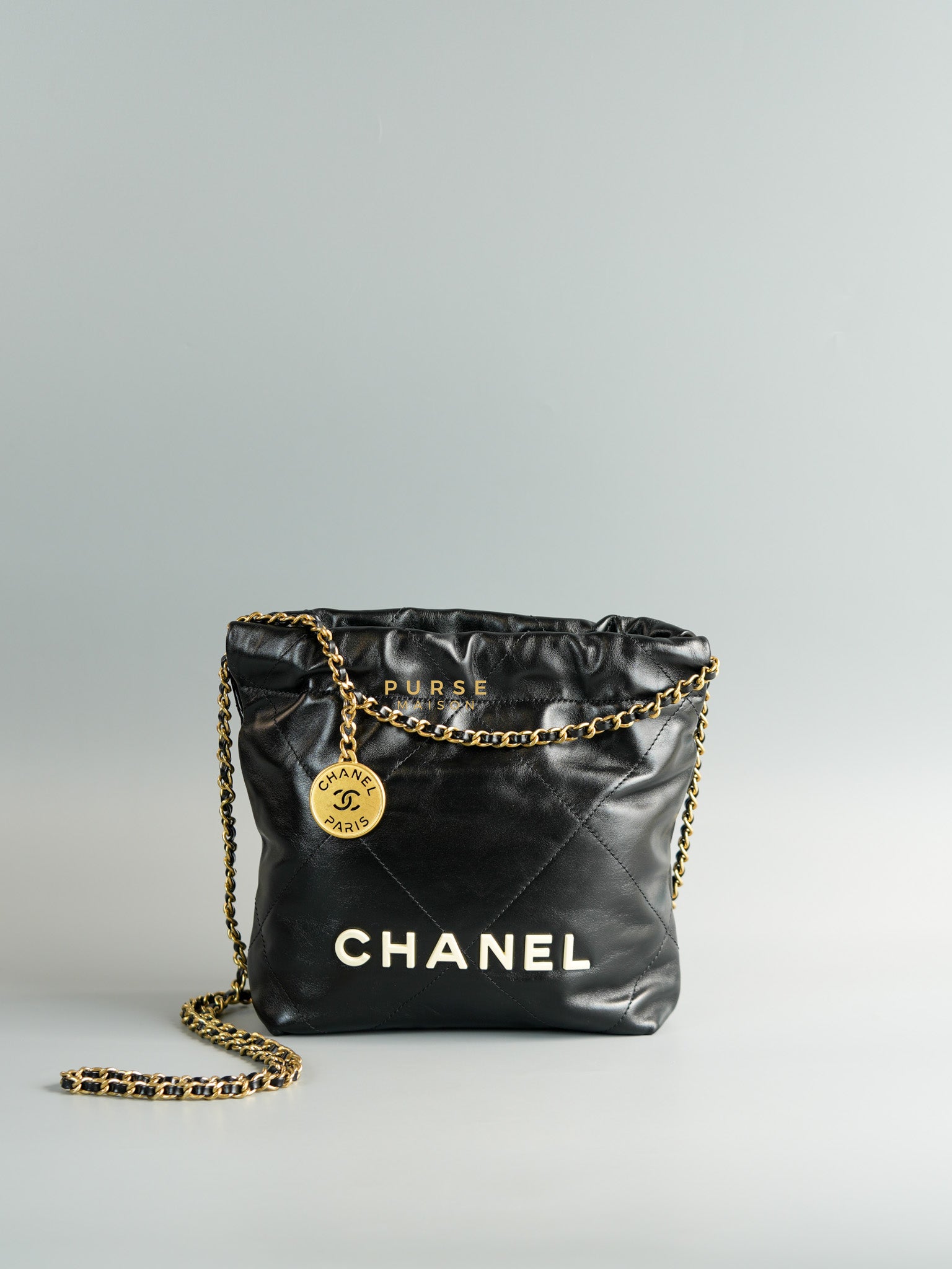 Mini 22 Black Leather Handbag in Gold Hardware (Microchip) | Purse Maison Luxury Bags Shop