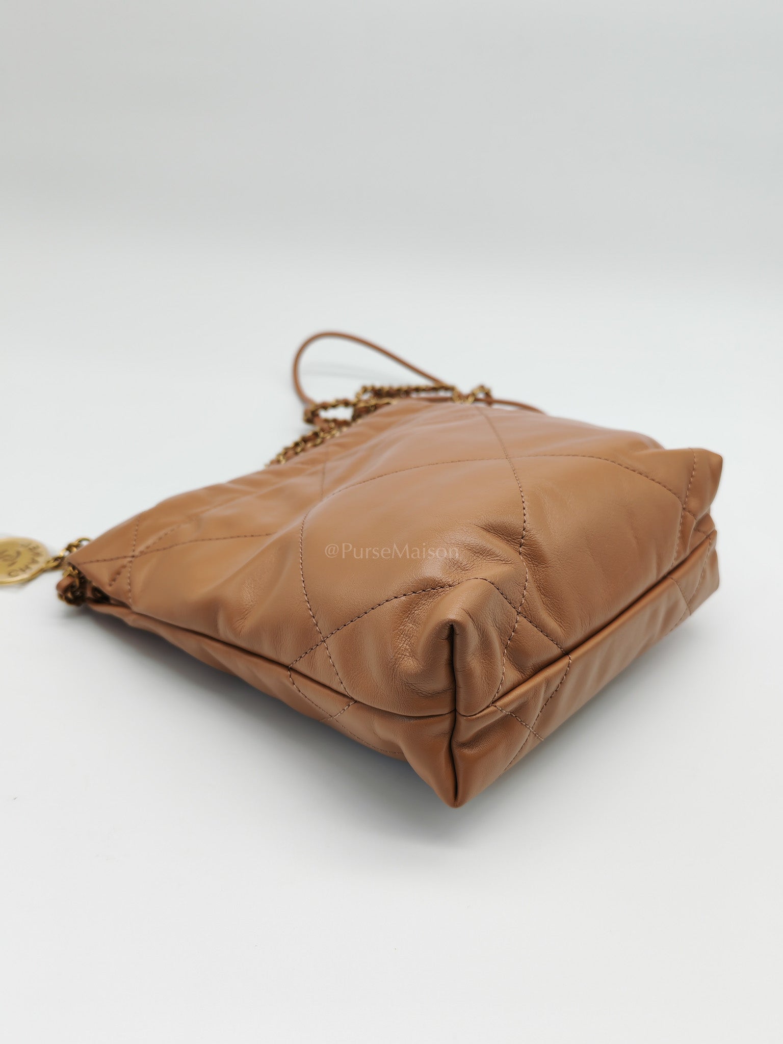 22 Mini in Caramel Shiny Calfskin Leather and Aged Gold Hardware (Microchip) | Purse Maison Luxury Bags Shop