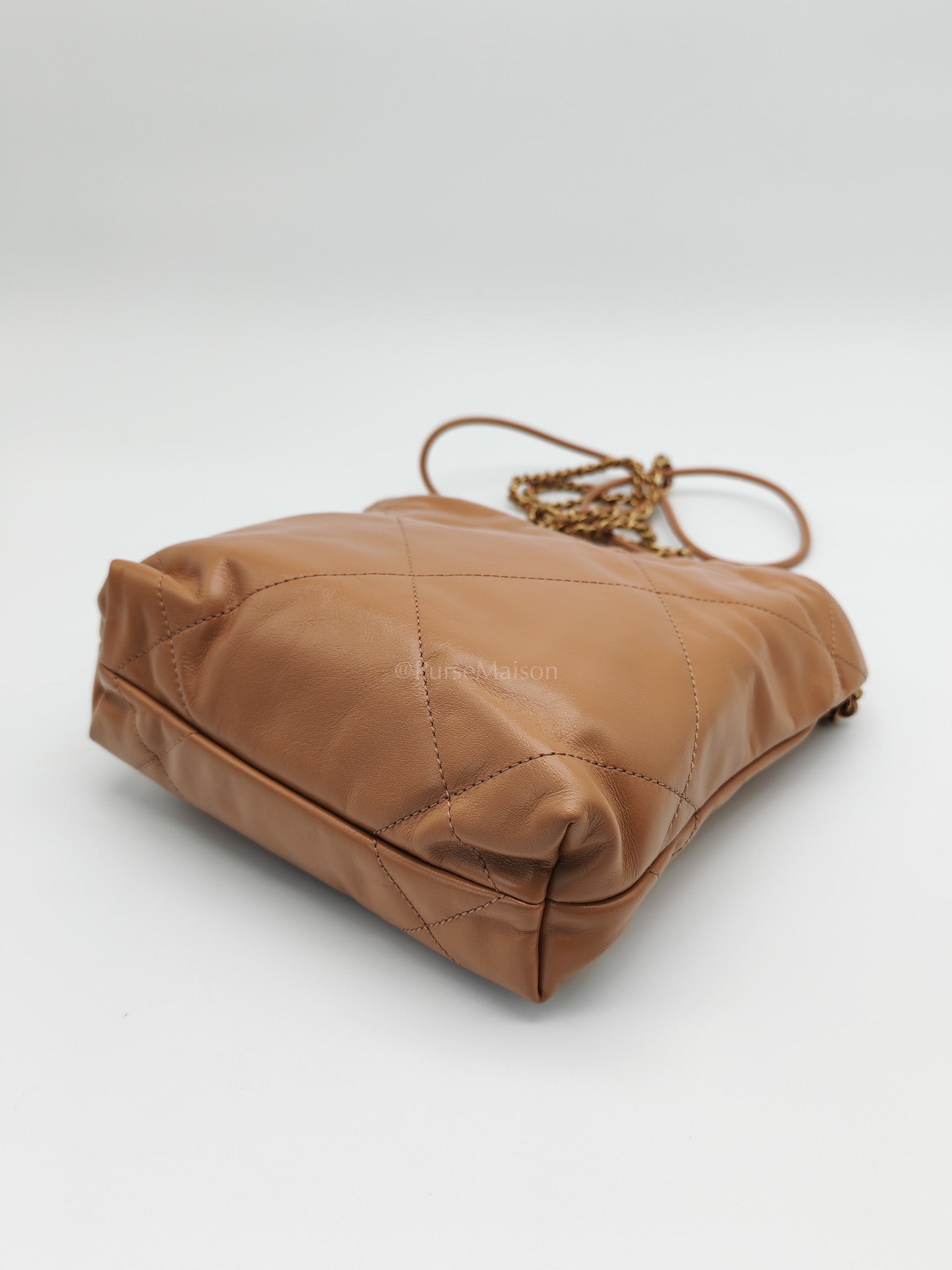 22 Mini in Caramel Shiny Calfskin Leather and Aged Gold Hardware (Microchip) | Purse Maison Luxury Bags Shop