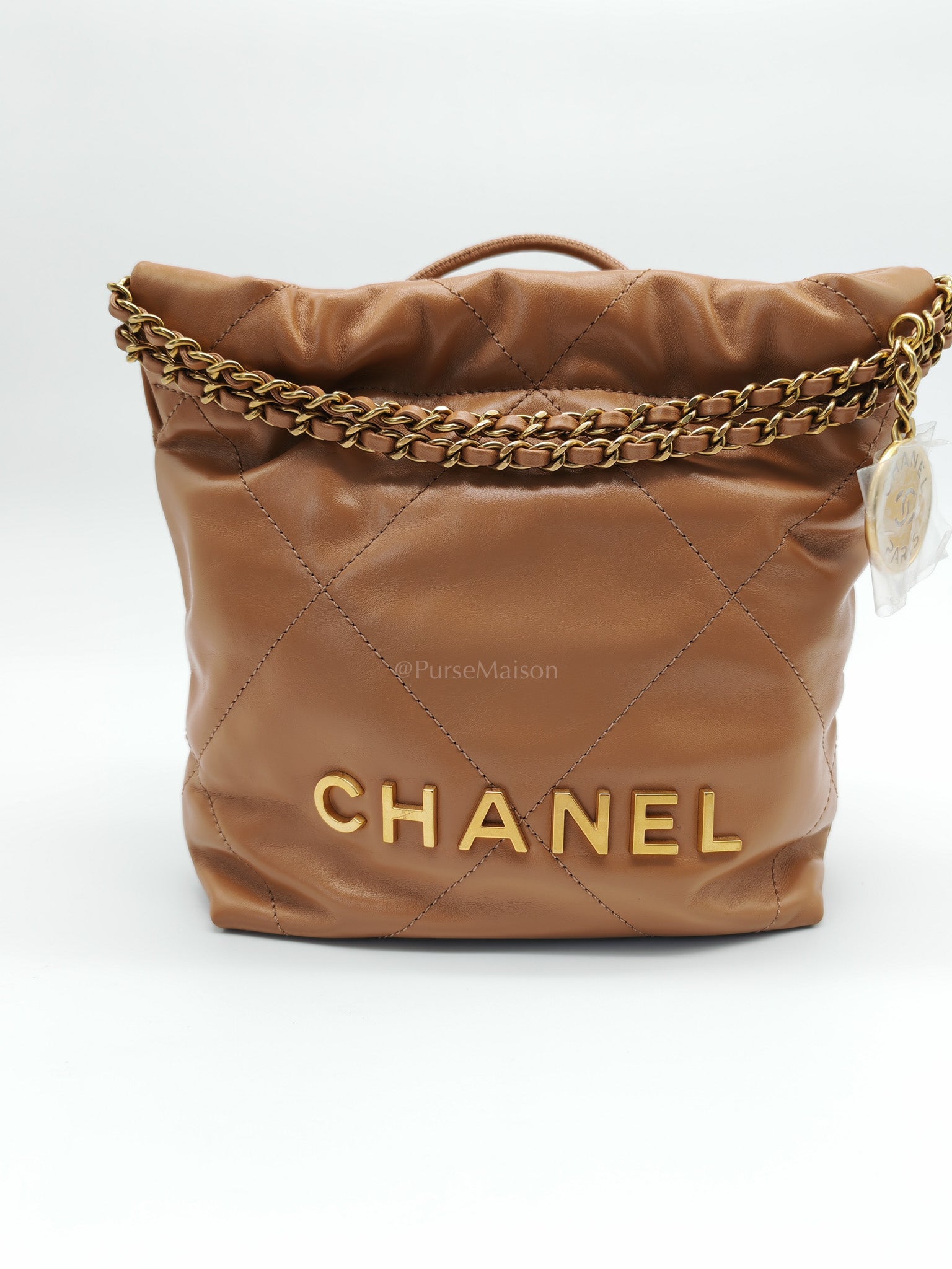 22 Mini in Caramel Shiny Calfskin Leather and Aged Gold Hardware (Microchip) | Purse Maison Luxury Bags Shop