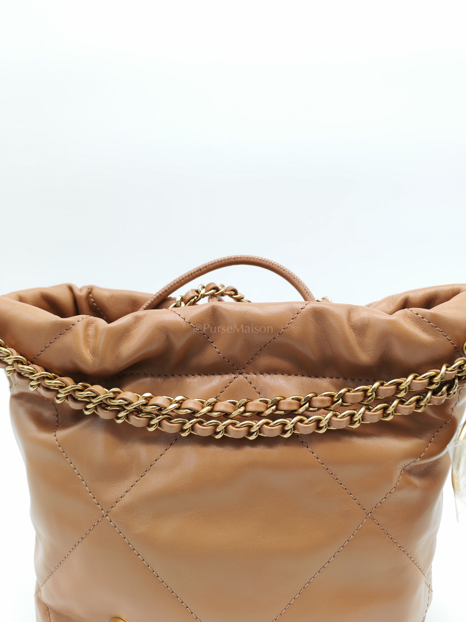 22 Mini in Caramel Shiny Calfskin Leather and Aged Gold Hardware (Microchip) | Purse Maison Luxury Bags Shop