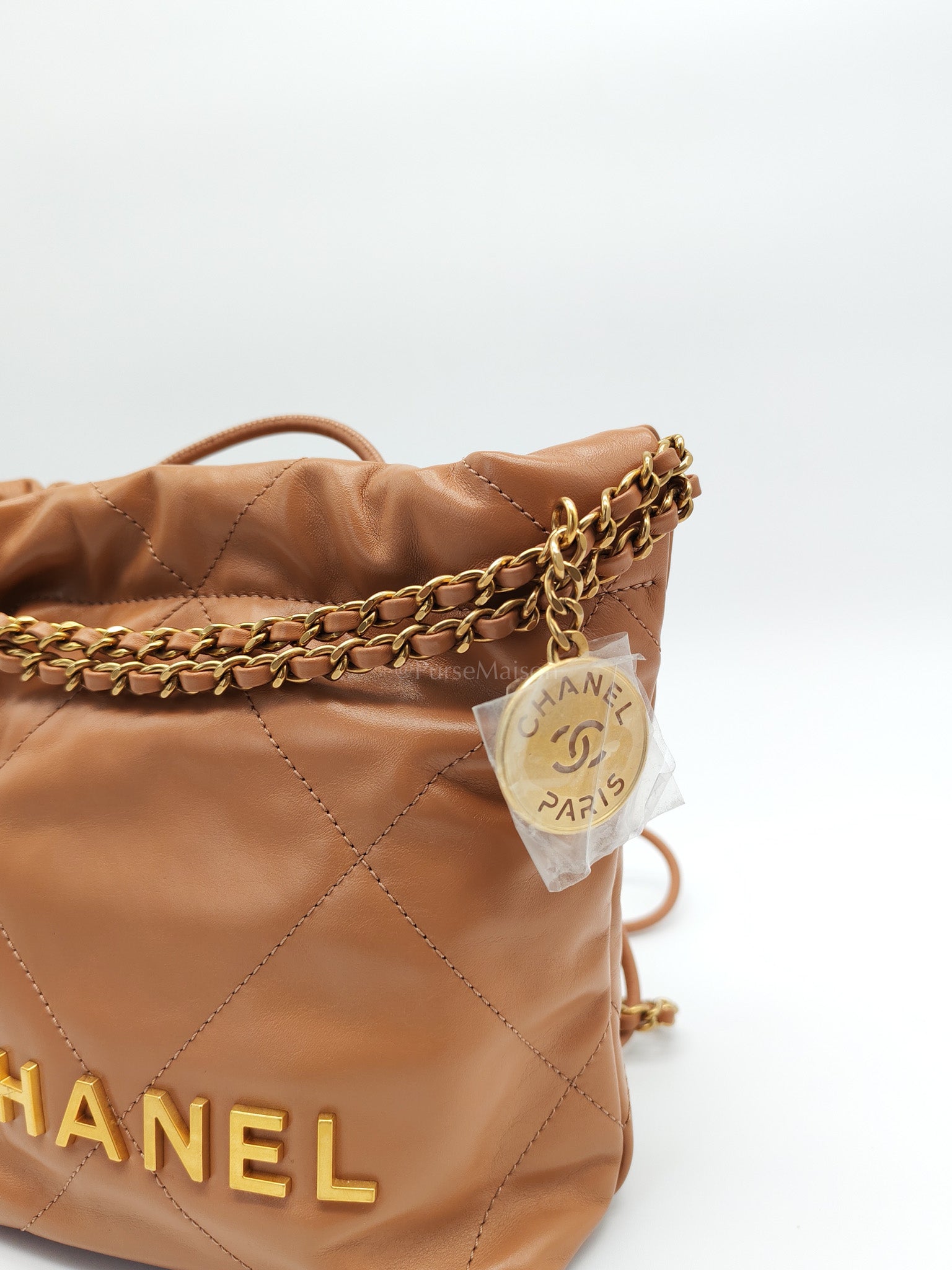 22 Mini in Caramel Shiny Calfskin Leather and Aged Gold Hardware (Microchip) | Purse Maison Luxury Bags Shop