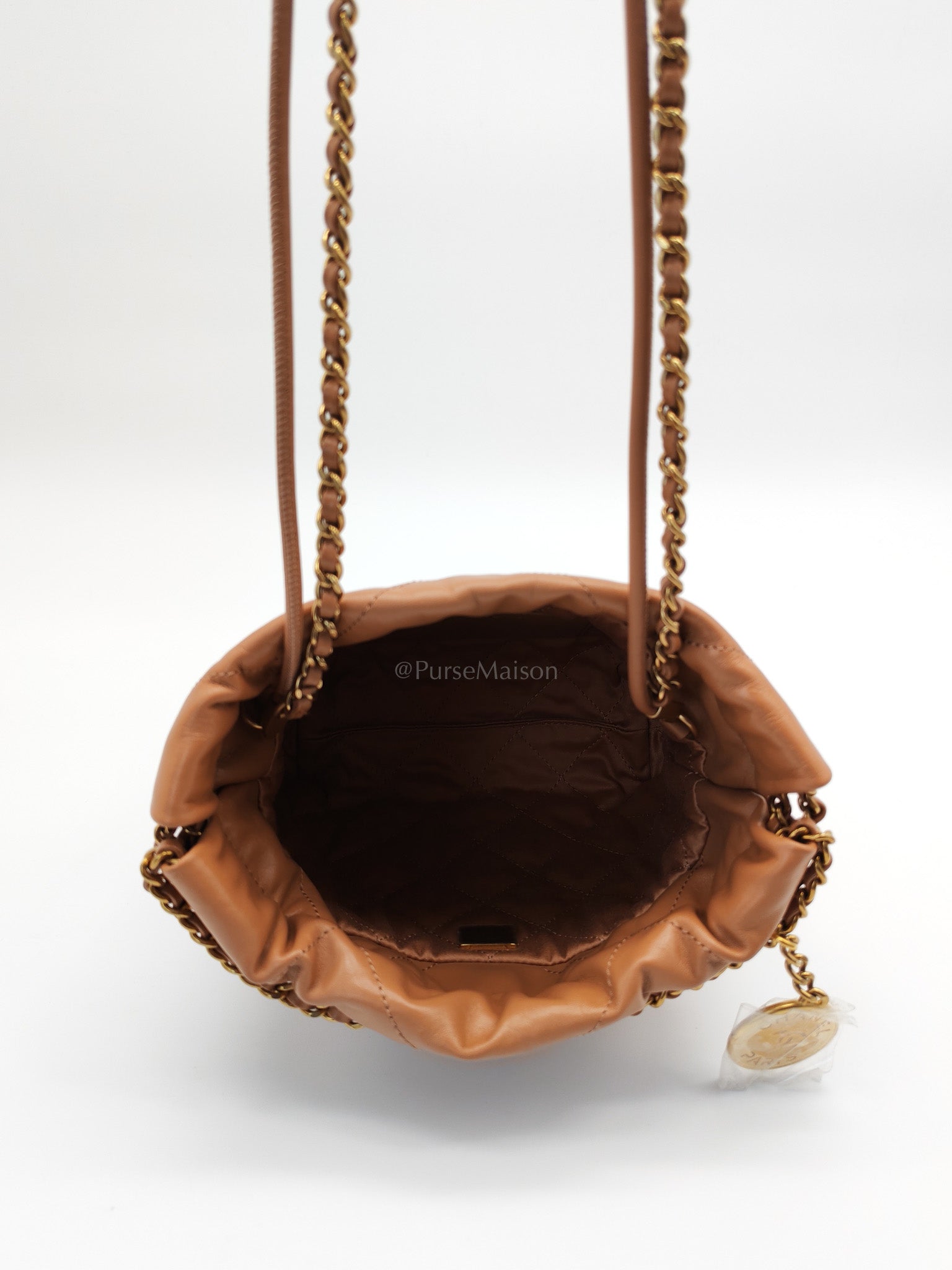 22 Mini in Caramel Shiny Calfskin Leather and Aged Gold Hardware (Microchip) | Purse Maison Luxury Bags Shop