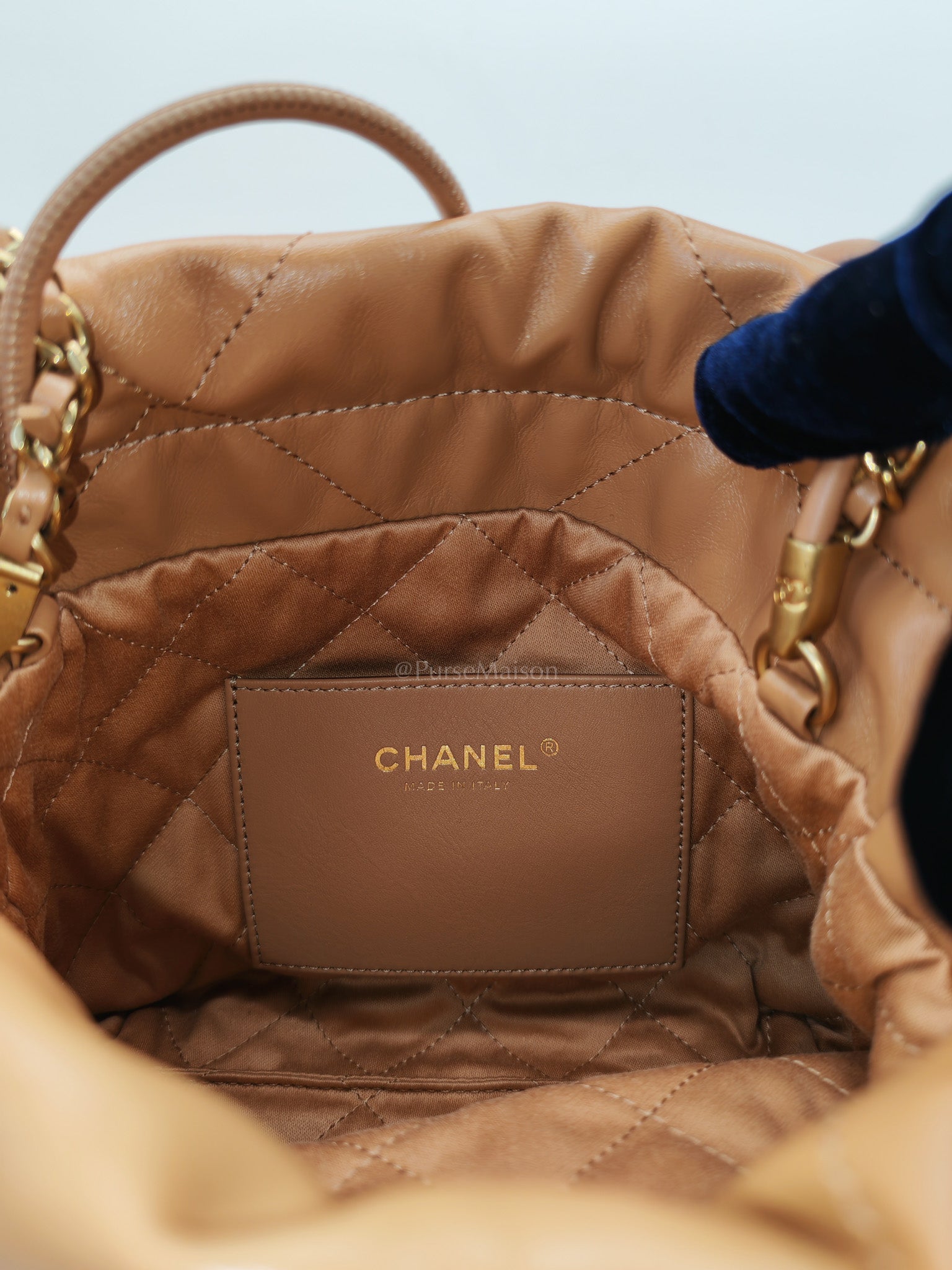 22 Mini in Caramel Shiny Calfskin Leather and Aged Gold Hardware (Microchip) | Purse Maison Luxury Bags Shop