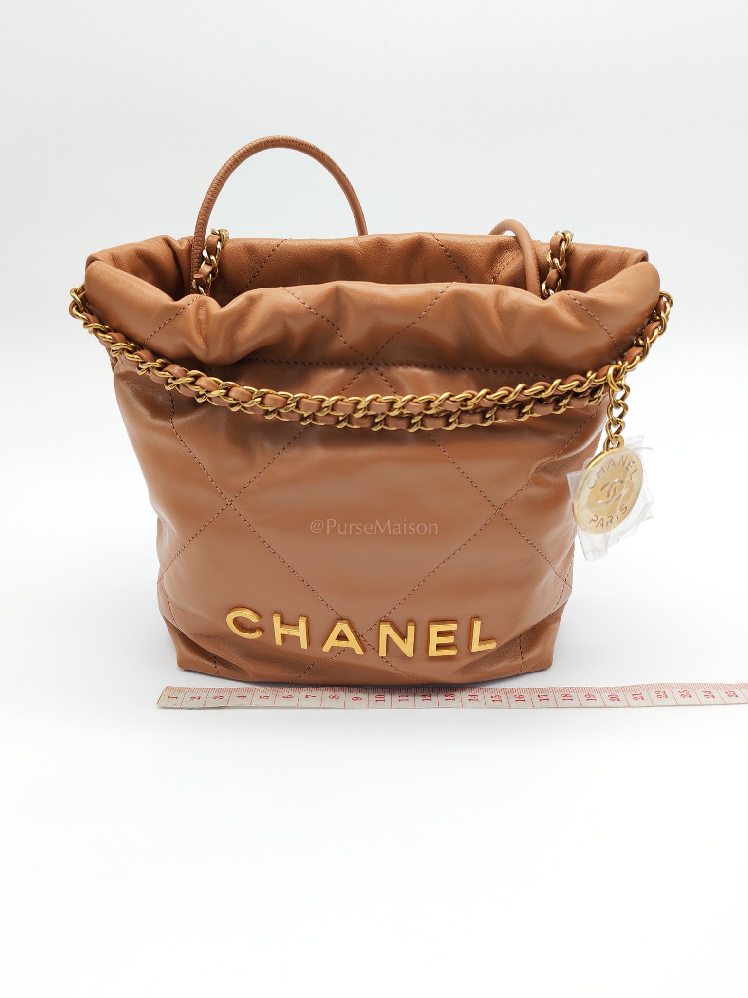 22 Mini in Caramel Shiny Calfskin Leather and Aged Gold Hardware (Microchip) | Purse Maison Luxury Bags Shop