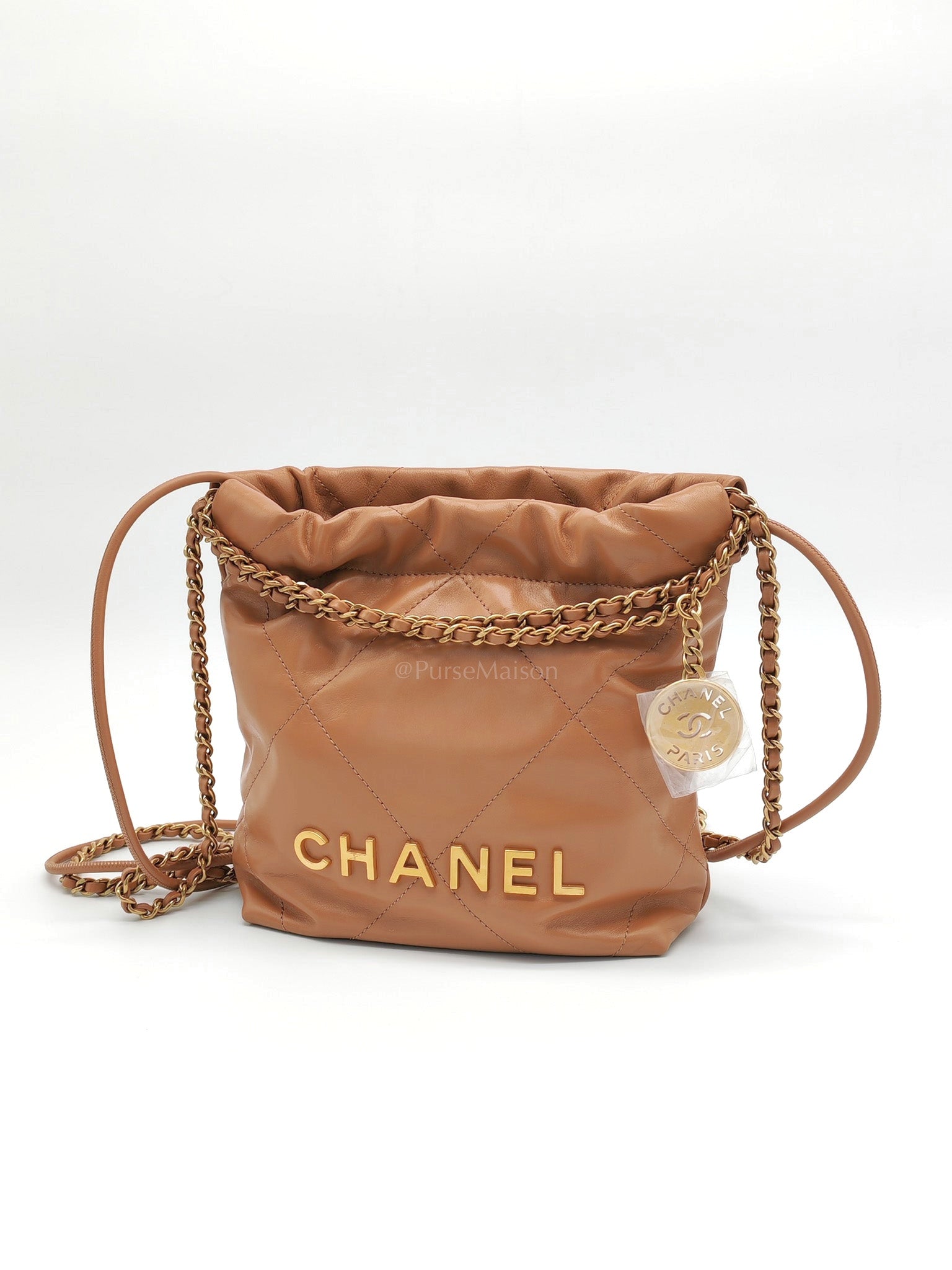 22 Mini in Caramel Shiny Calfskin Leather and Aged Gold Hardware (Microchip) | Purse Maison Luxury Bags Shop