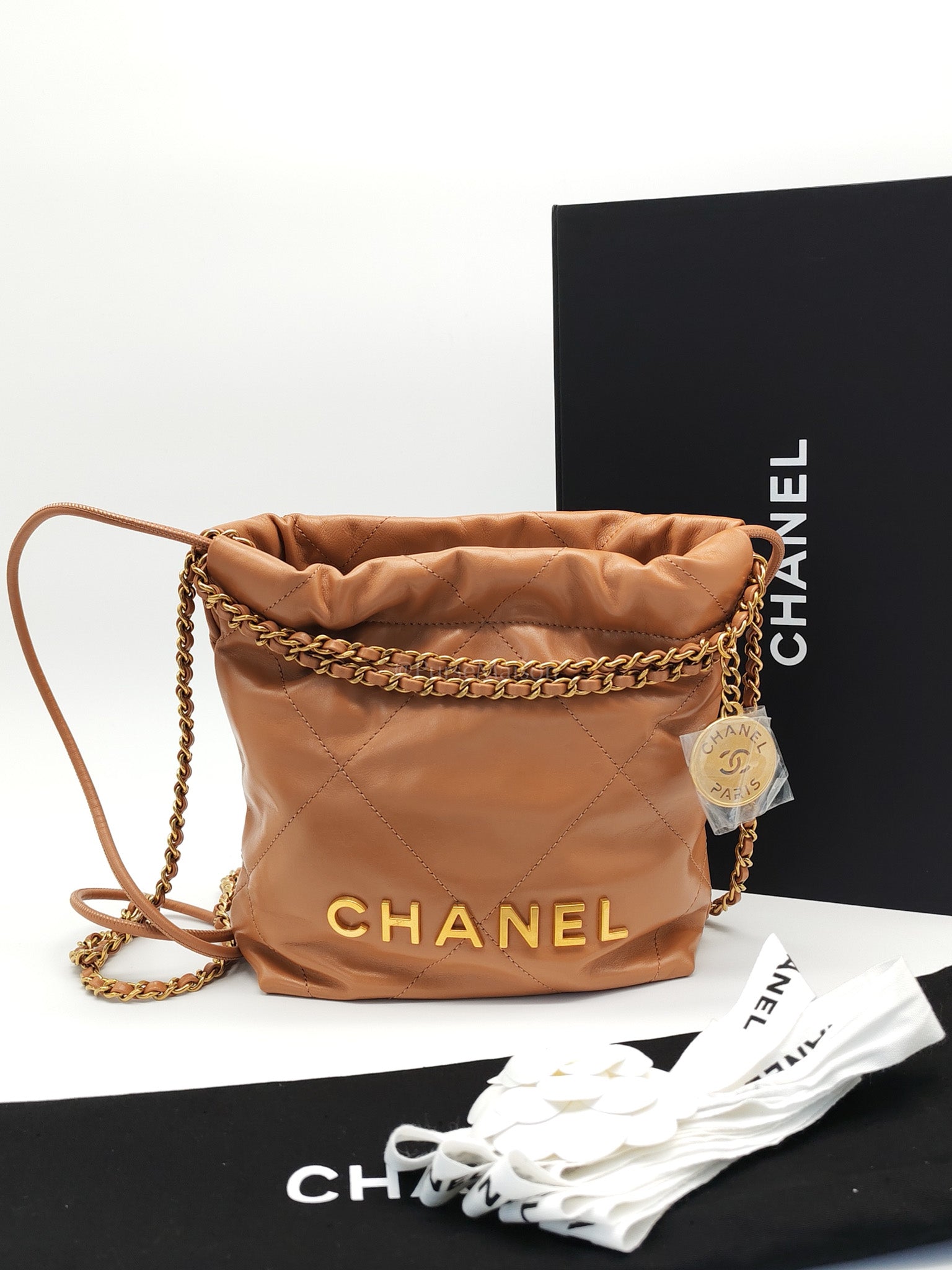 22 Mini in Caramel Shiny Calfskin Leather and Aged Gold Hardware (Microchip) | Purse Maison Luxury Bags Shop