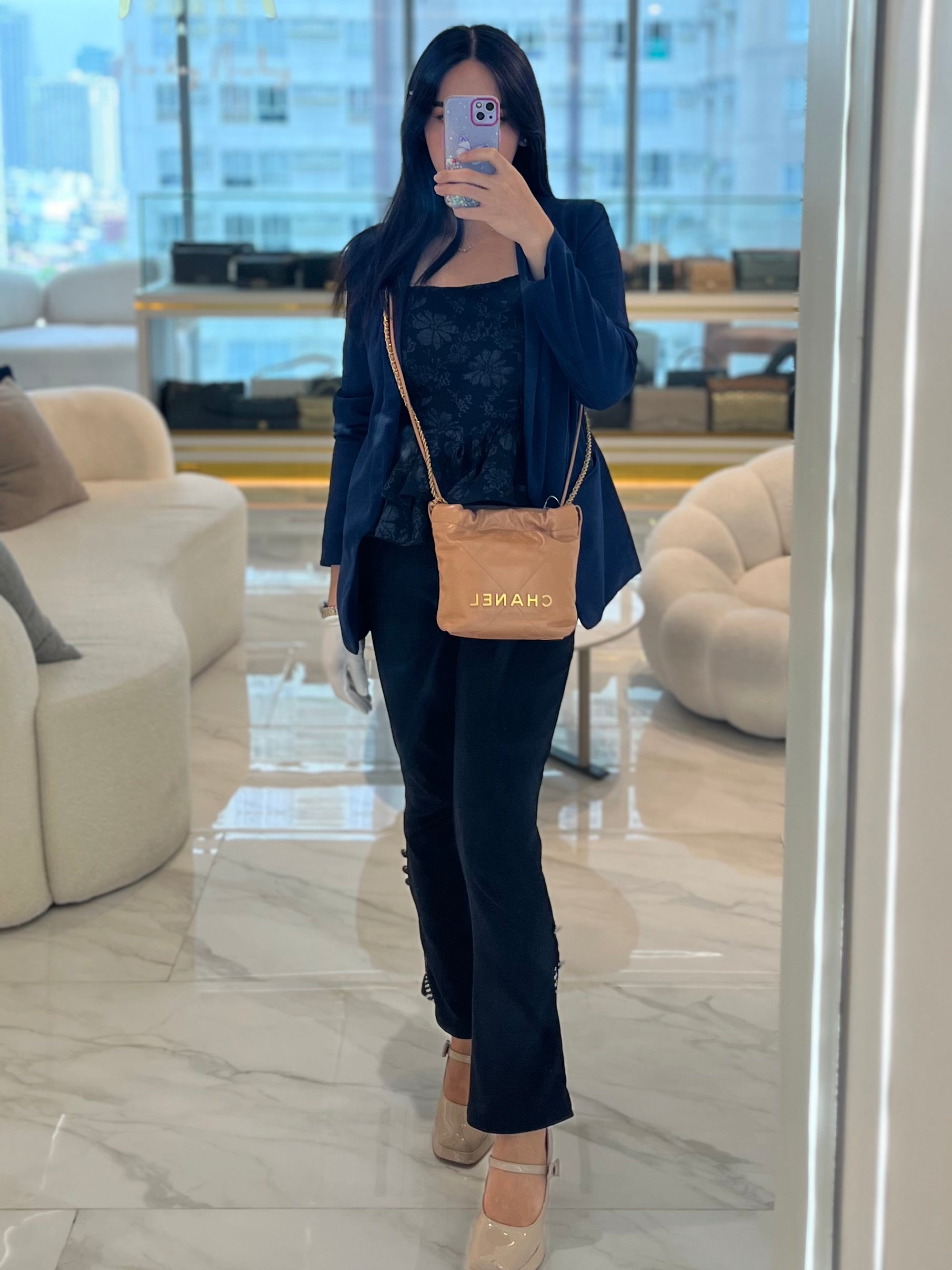 22 Mini in Caramel Shiny Calfskin Leather and Aged Gold Hardware (Microchip) | Purse Maison Luxury Bags Shop