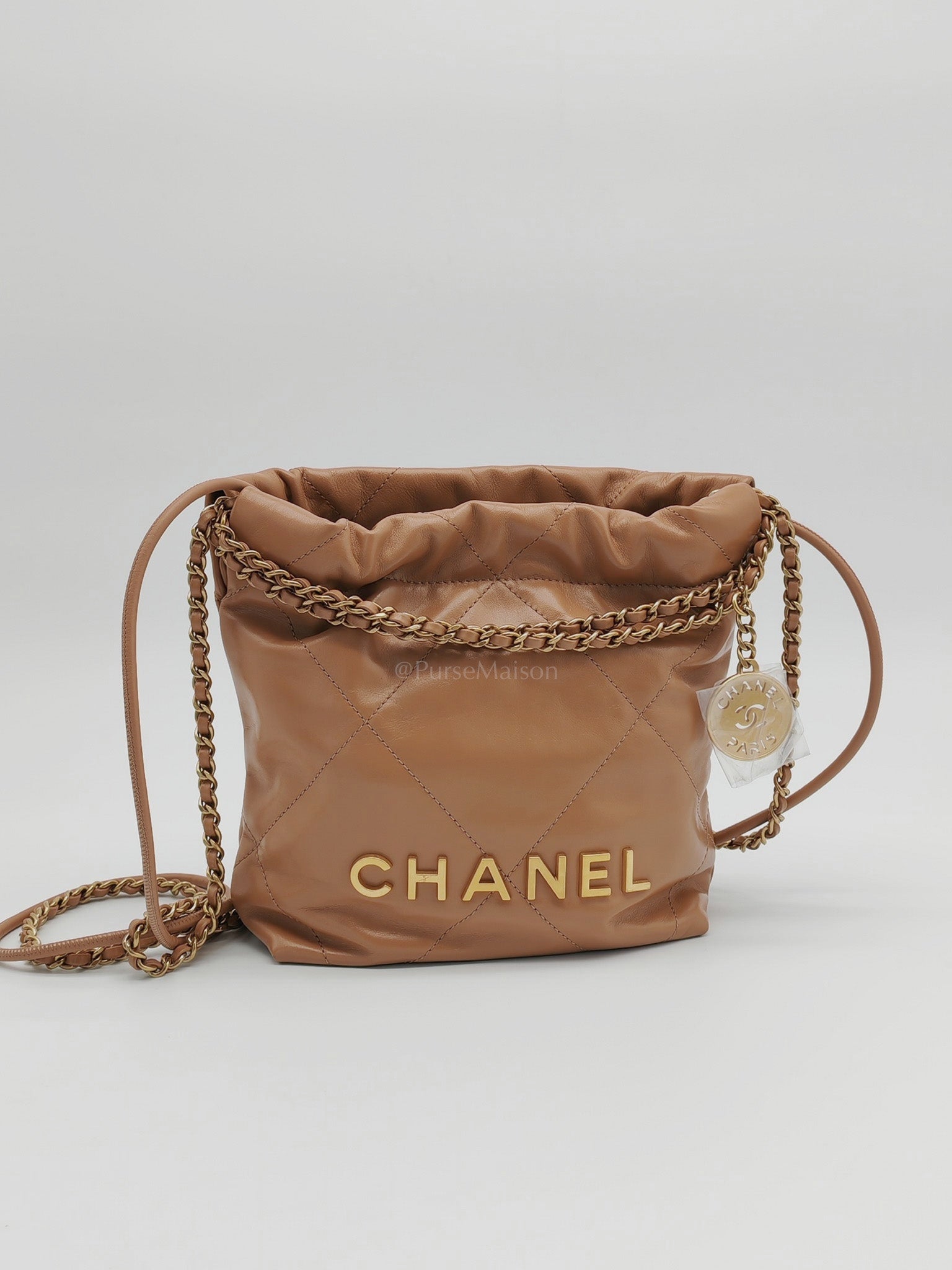 22 Mini in Caramel Shiny Calfskin Leather and Aged Gold Hardware (Microchip) | Purse Maison Luxury Bags Shop