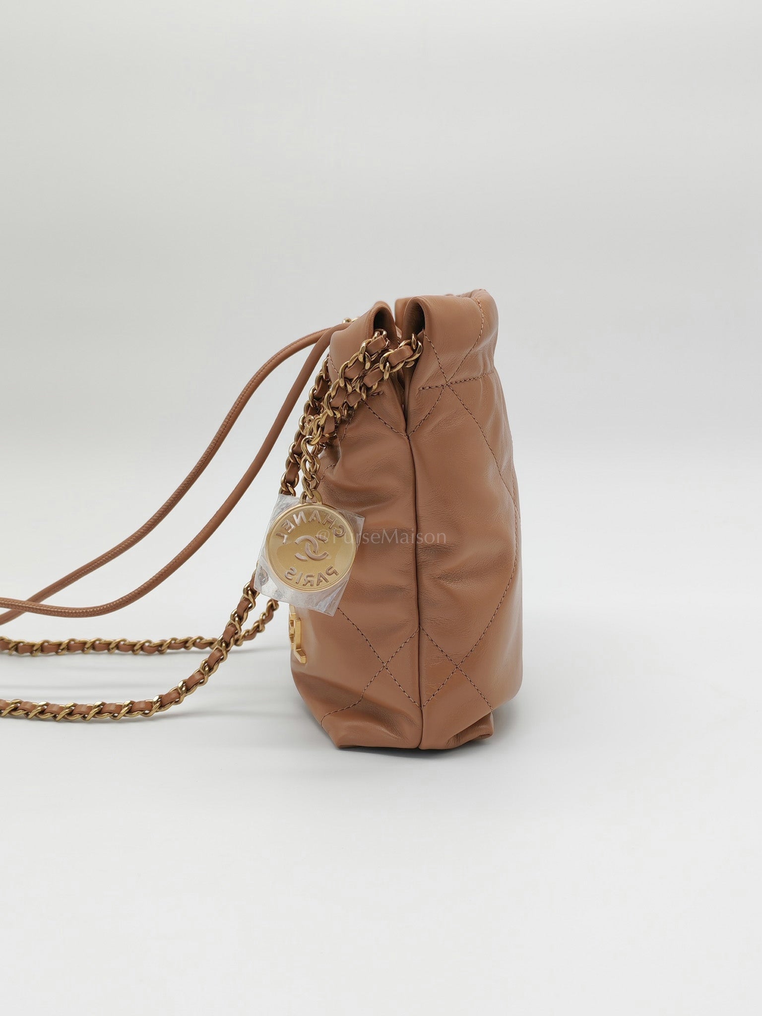 22 Mini in Caramel Shiny Calfskin Leather and Aged Gold Hardware (Microchip) | Purse Maison Luxury Bags Shop