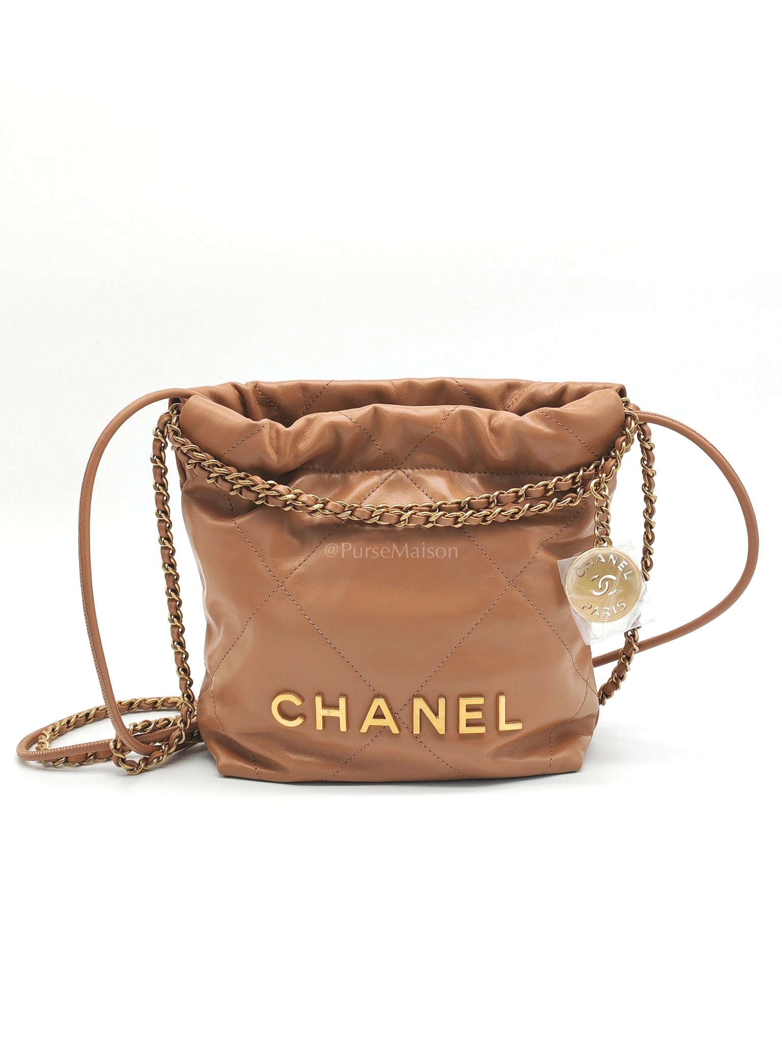 22 Mini in Caramel Shiny Calfskin Leather and Aged Gold Hardware (Microchip) | Purse Maison Luxury Bags Shop