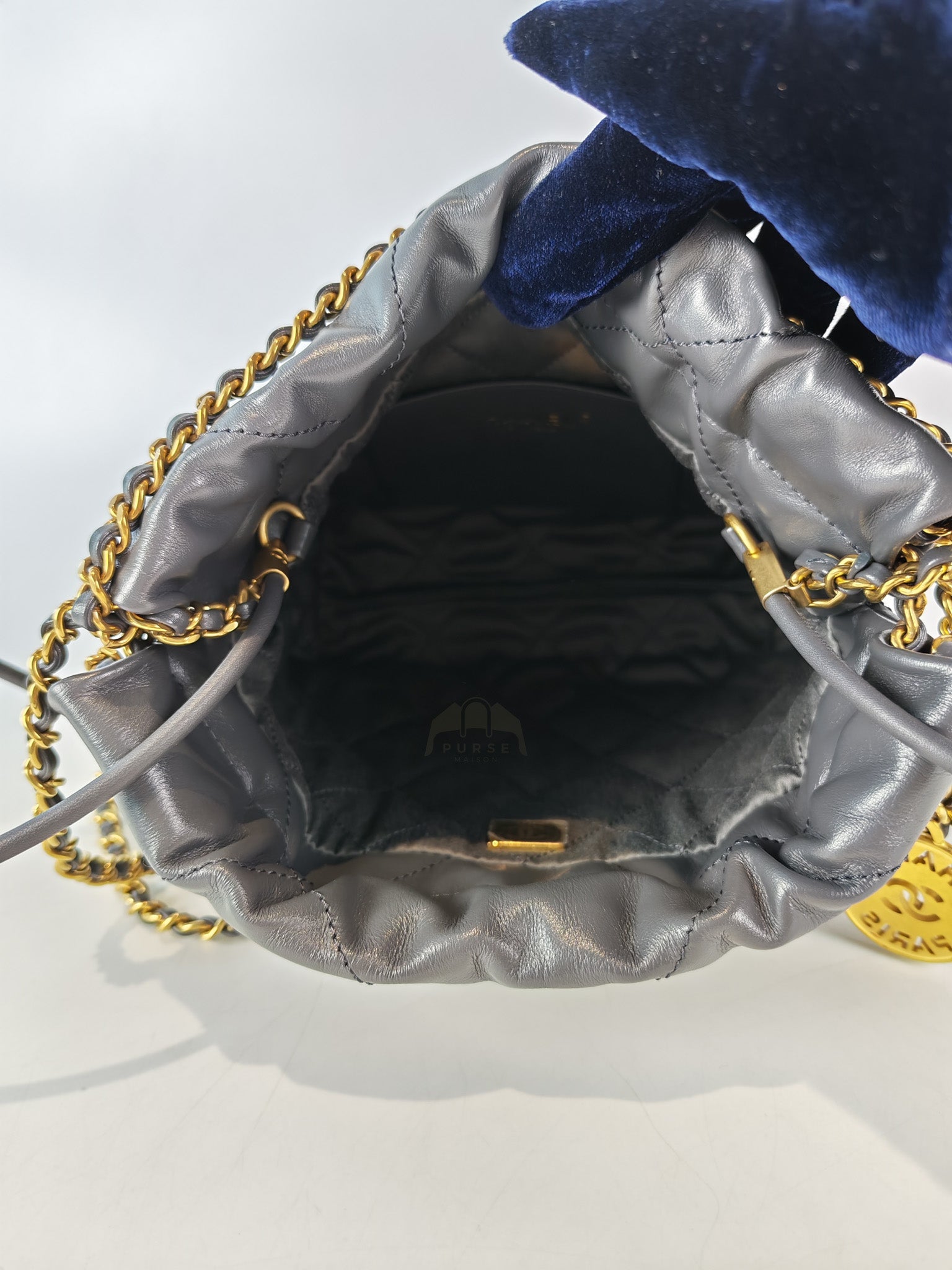 22 Mini in Dark Gray Calfskin Leather Aged Gold Hardware (Microchip) | Purse Maison Luxury Bags Shop