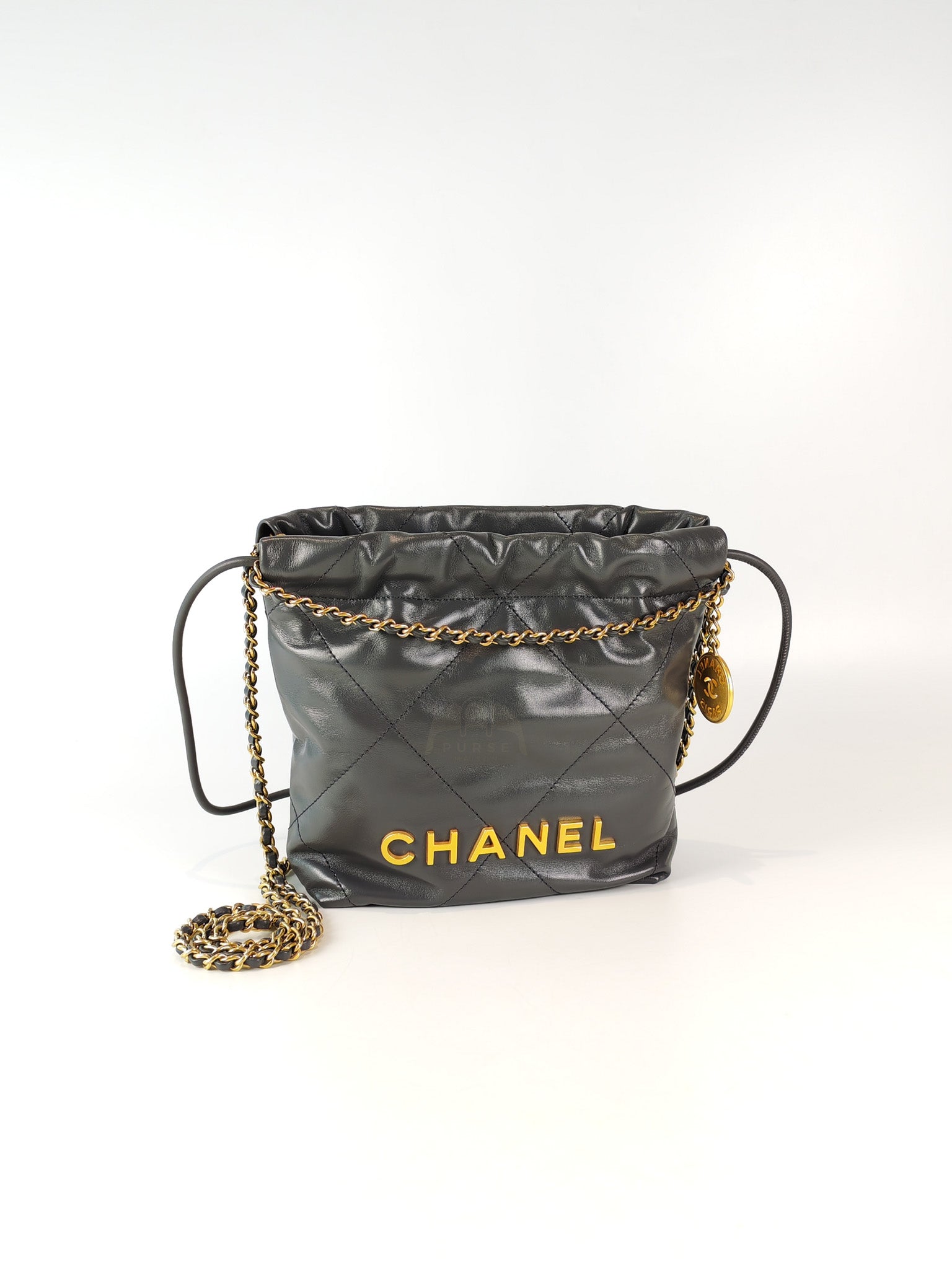 22 Mini in Dark Gray Calfskin Leather Aged Gold Hardware (Microchip) | Purse Maison Luxury Bags Shop