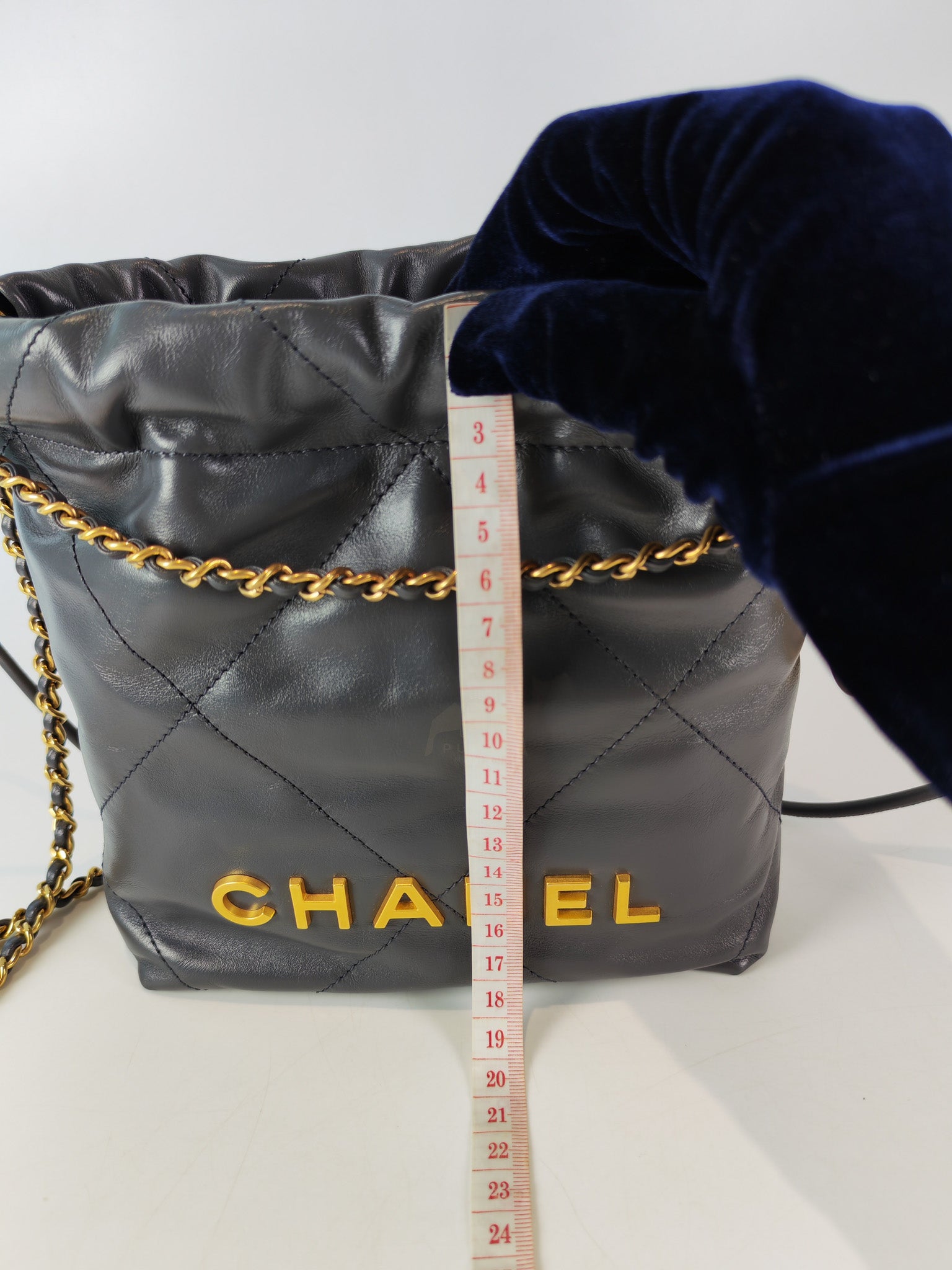 22 Mini in Dark Gray Calfskin Leather Aged Gold Hardware (Microchip) | Purse Maison Luxury Bags Shop