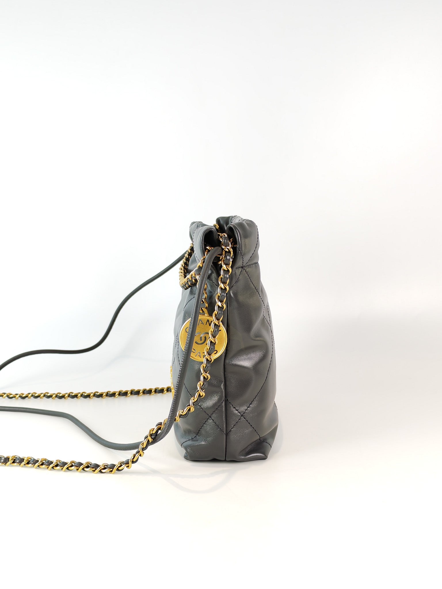 22 Mini in Dark Gray Calfskin Leather Aged Gold Hardware (Microchip) | Purse Maison Luxury Bags Shop