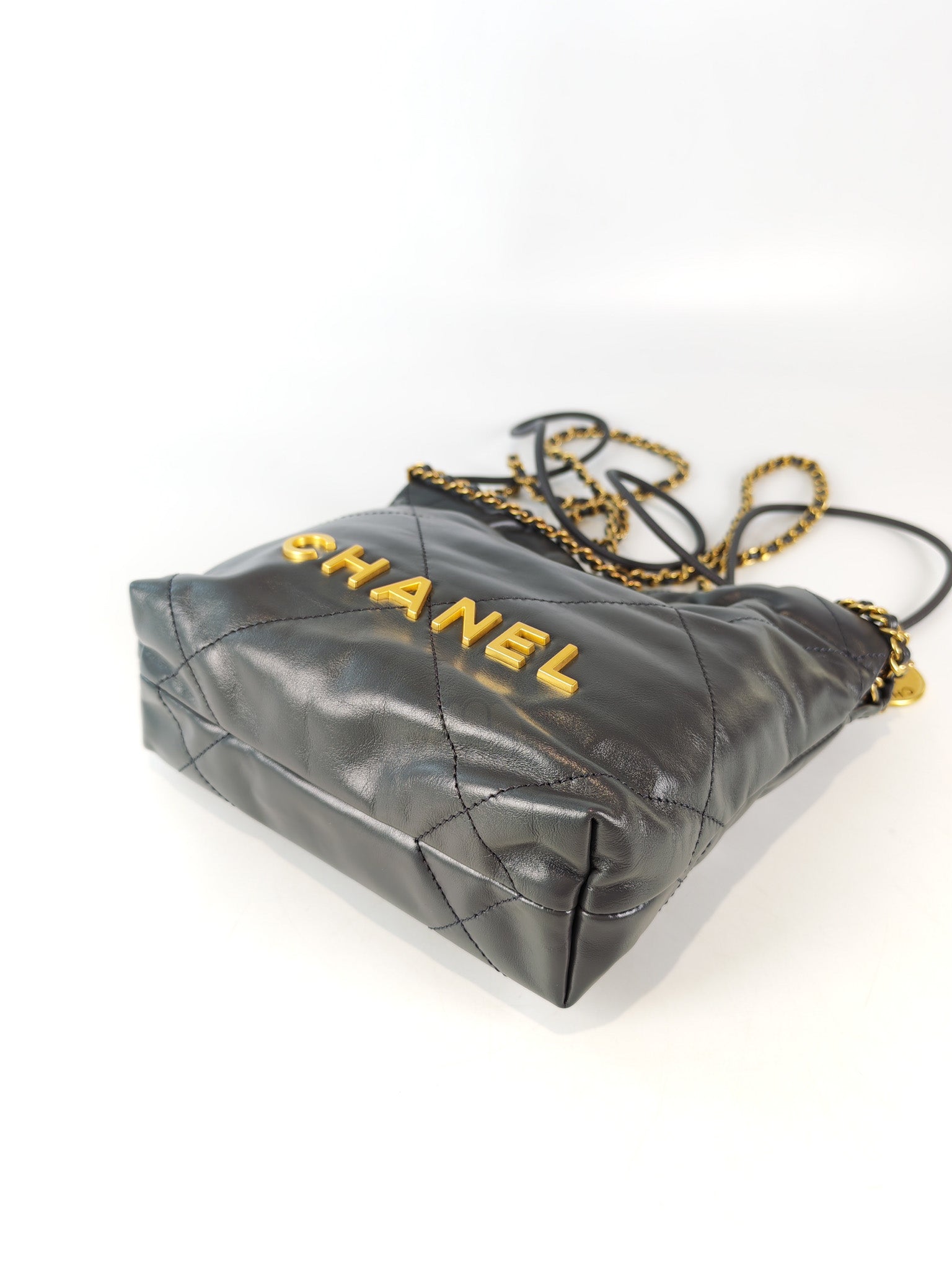 22 Mini in Dark Gray Calfskin Leather Aged Gold Hardware (Microchip) | Purse Maison Luxury Bags Shop