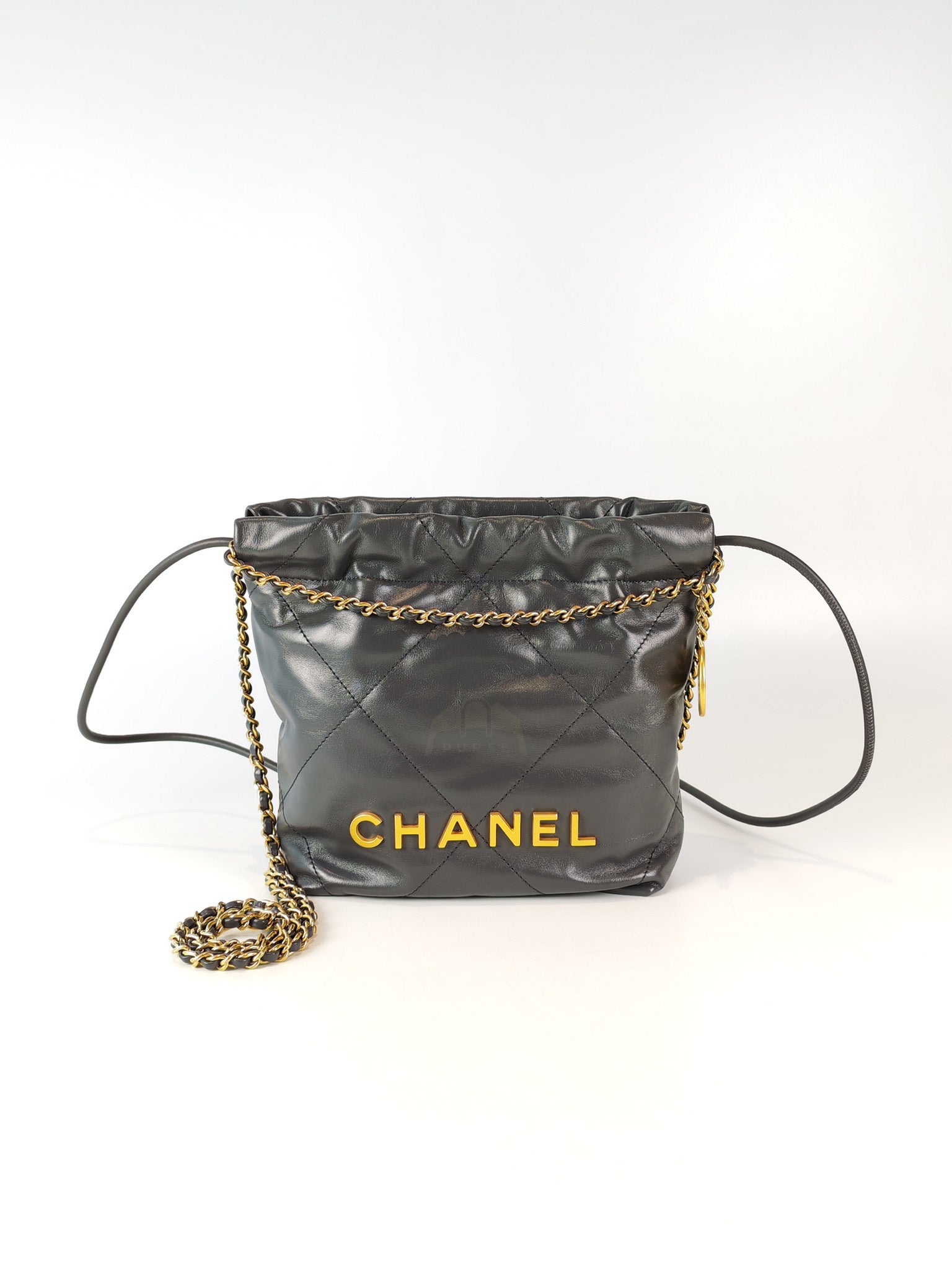 22 Mini in Dark Gray Calfskin Leather Aged Gold Hardware (Microchip) | Purse Maison Luxury Bags Shop