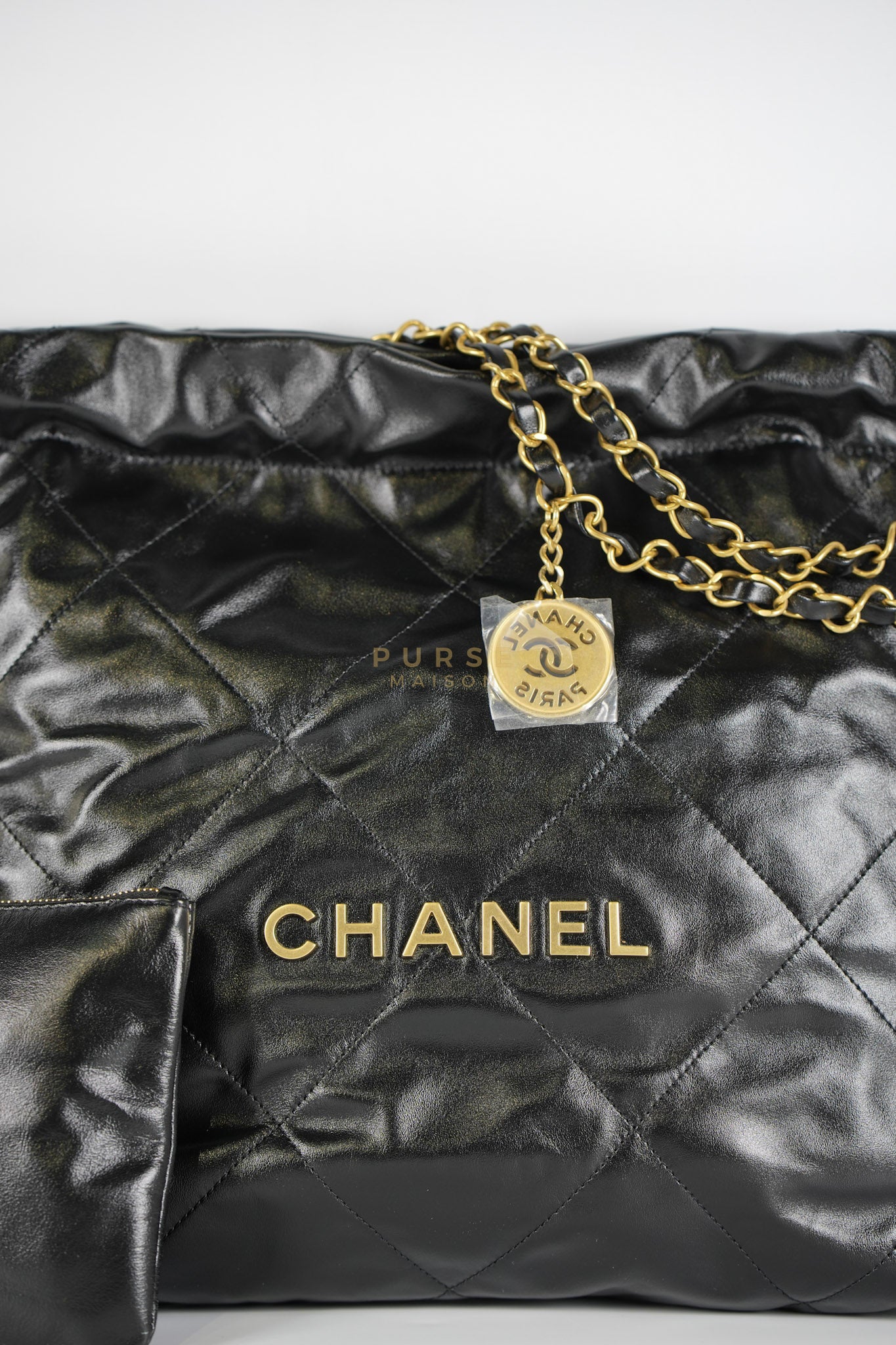 22 Small in Black Lambskin Leather and Aged Gold Hardware (Microchip) | Purse Maison Luxury Bags Shop