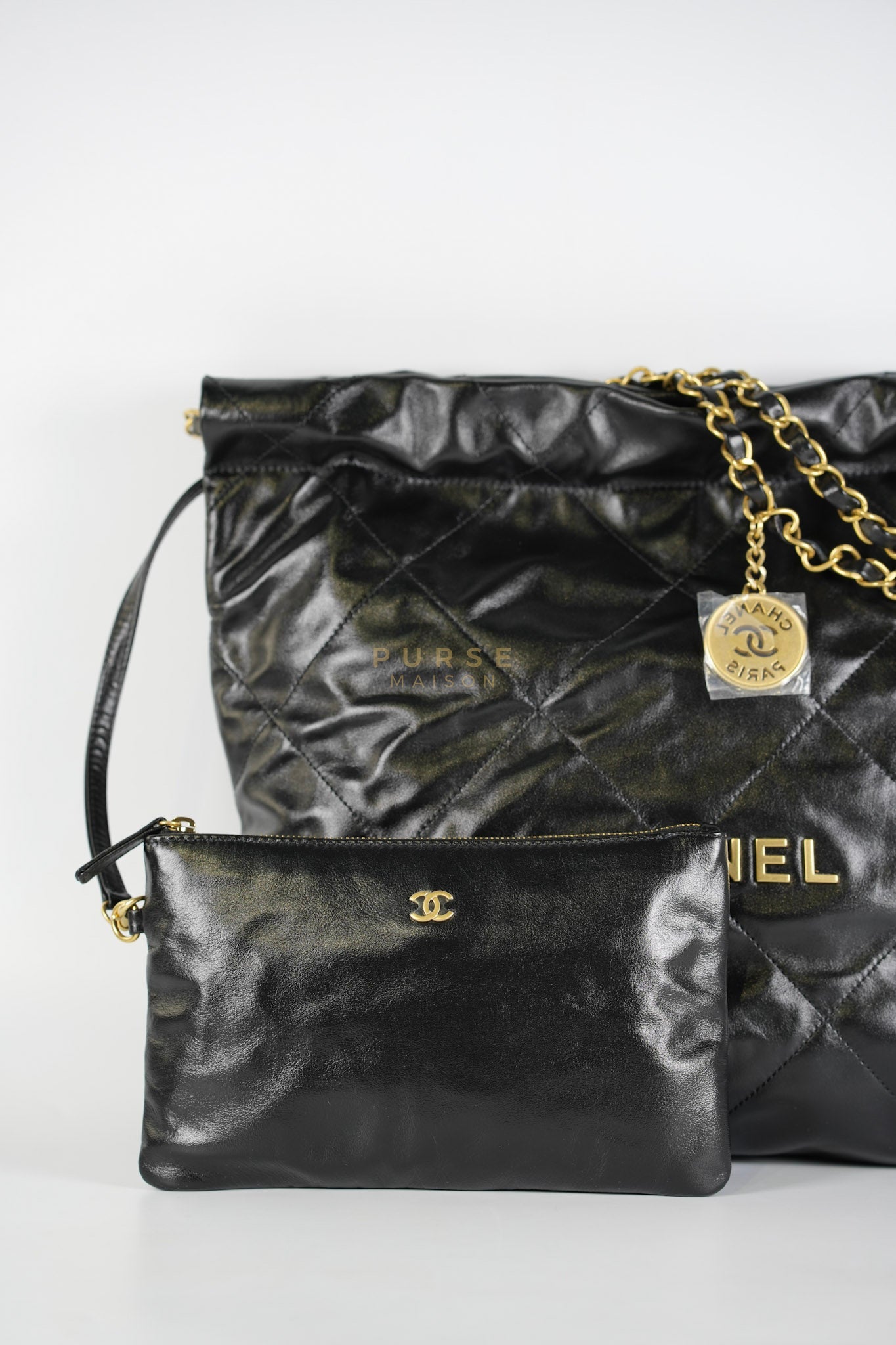 22 Small in Black Lambskin Leather and Aged Gold Hardware (Microchip) | Purse Maison Luxury Bags Shop