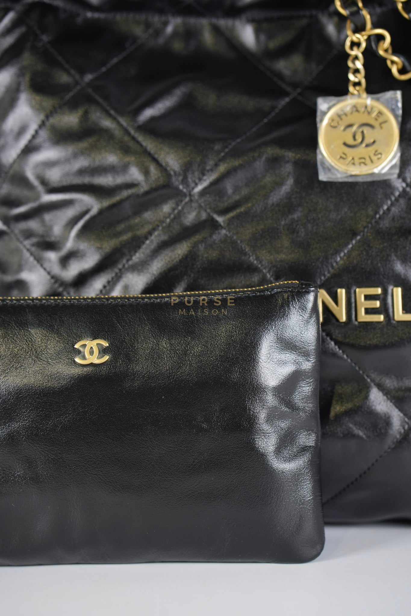 22 Small in Black Lambskin Leather and Aged Gold Hardware (Microchip) | Purse Maison Luxury Bags Shop