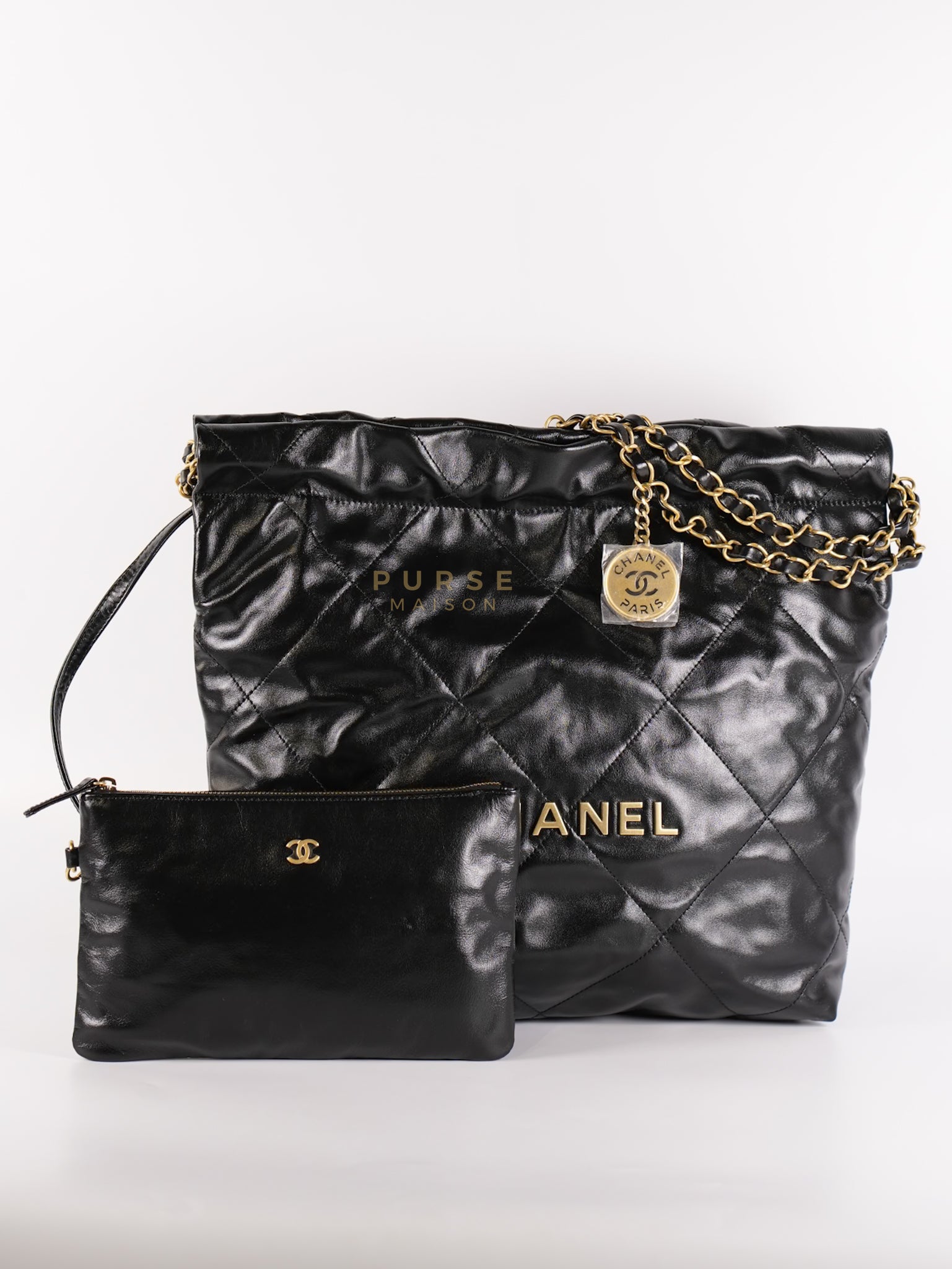 22 Small in Black Lambskin Leather and Aged Gold Hardware (Microchip) | Purse Maison Luxury Bags Shop