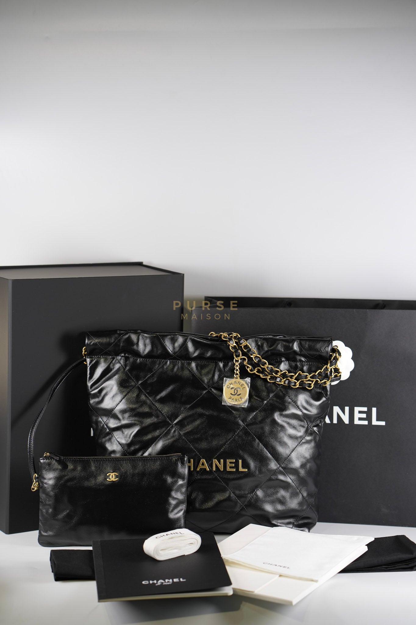 22 Small in Black Lambskin Leather and Aged Gold Hardware (Microchip) | Purse Maison Luxury Bags Shop