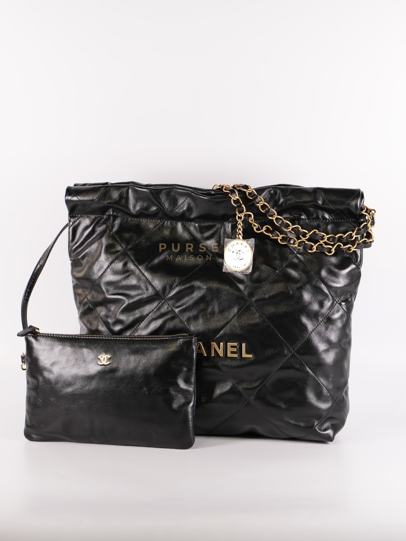 22 Small in Black Lambskin Leather and Aged Gold Hardware (Microchip) | Purse Maison Luxury Bags Shop
